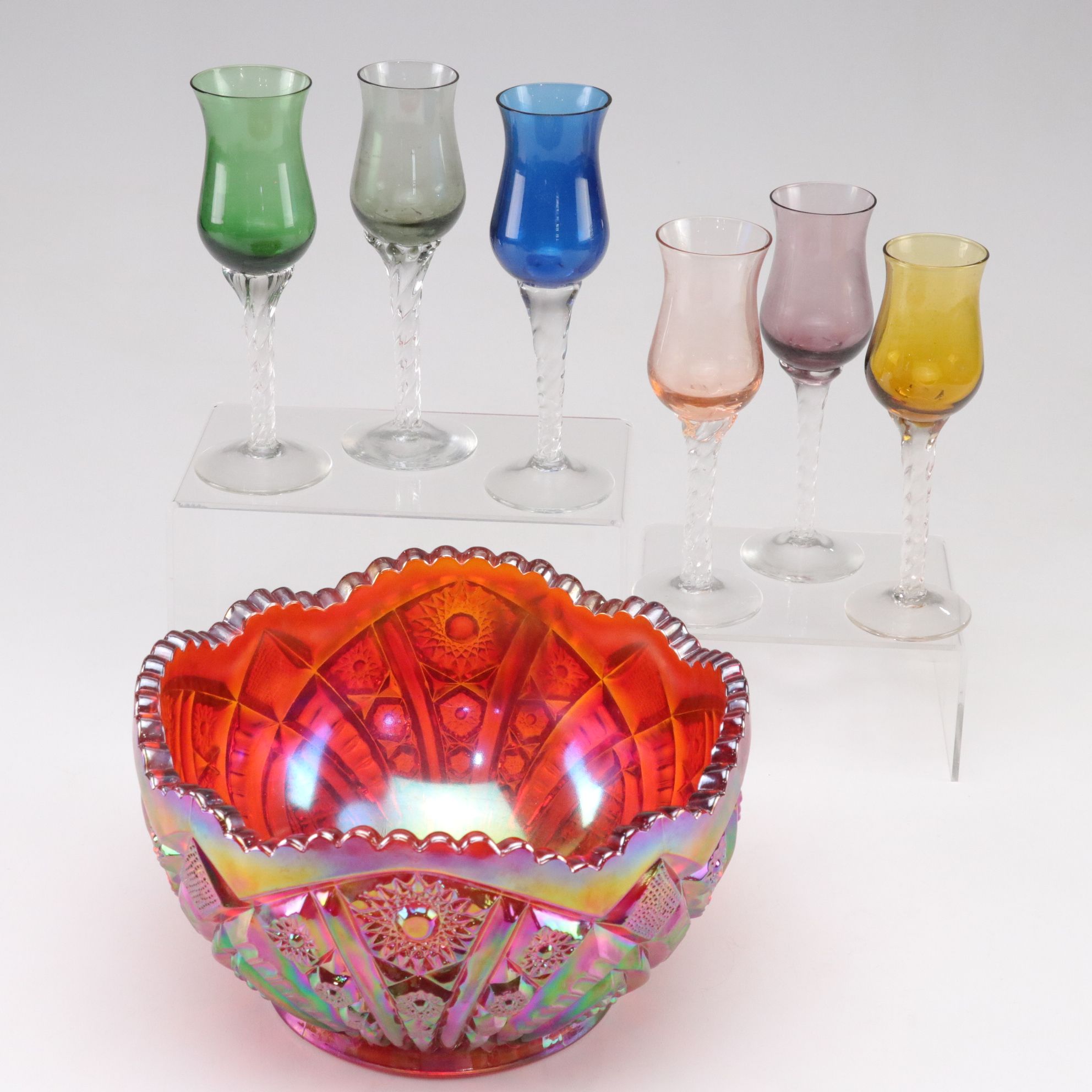 Carnival Glass Bowl & Dessert Wine Glasses