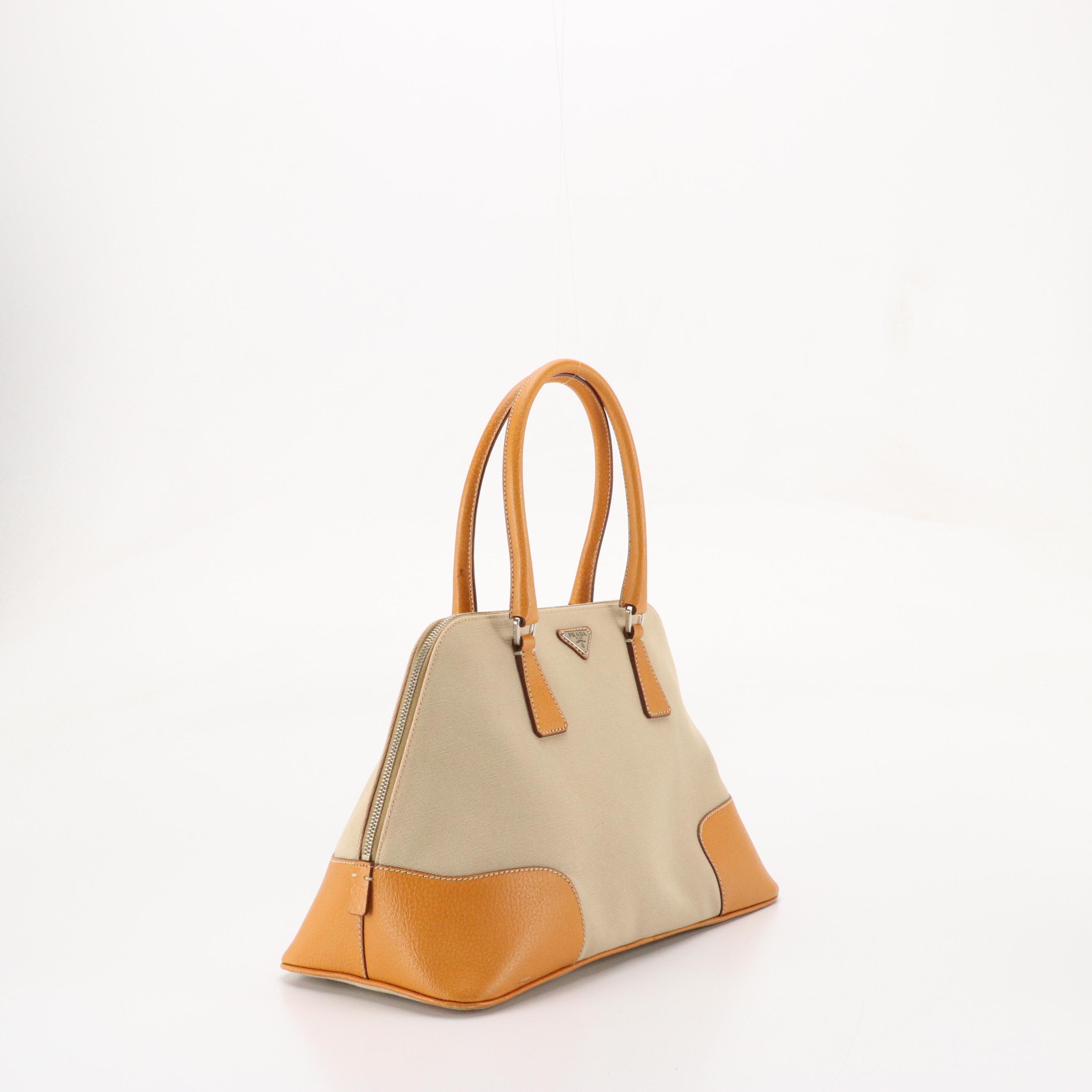 Prada Dome Bowler Bag in Beige Canvas with Tan/Orange Cinghiale Leather Trim