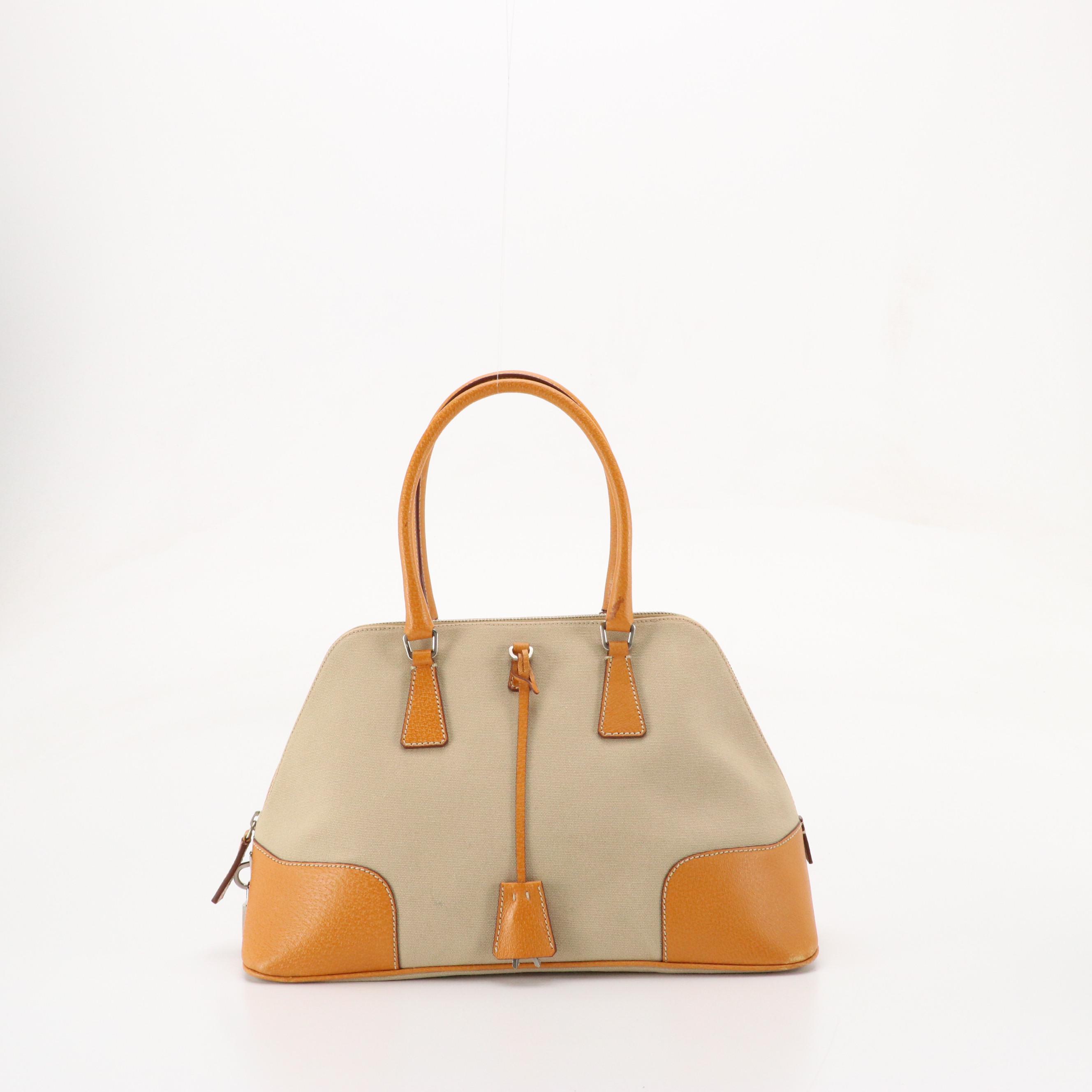 Prada Dome Bowler Bag in Beige Canvas with Tan/Orange Cinghiale Leather Trim