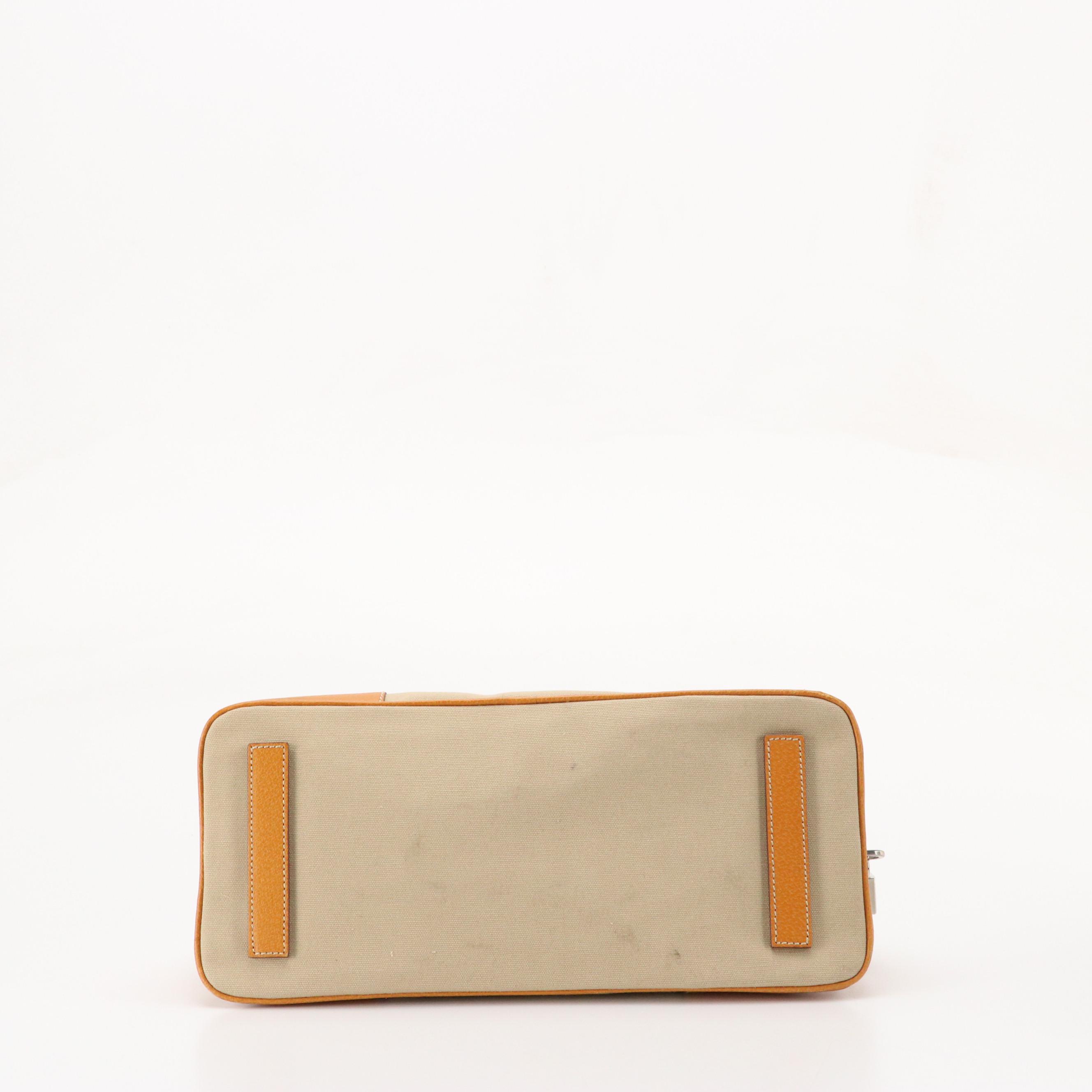 Prada Dome Bowler Bag in Beige Canvas with Tan/Orange Cinghiale Leather Trim