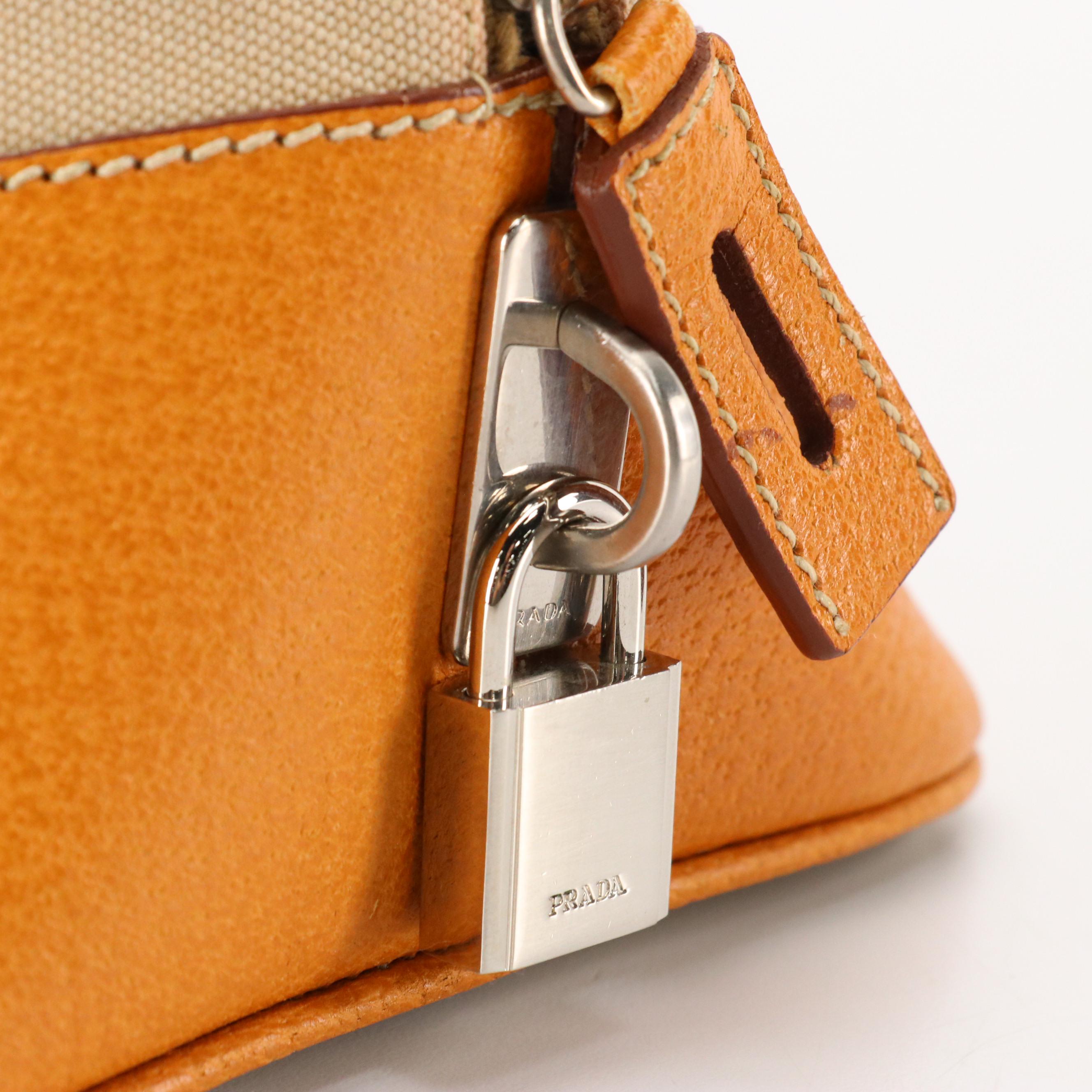 Prada Dome Bowler Bag in Beige Canvas with Tan/Orange Cinghiale Leather Trim