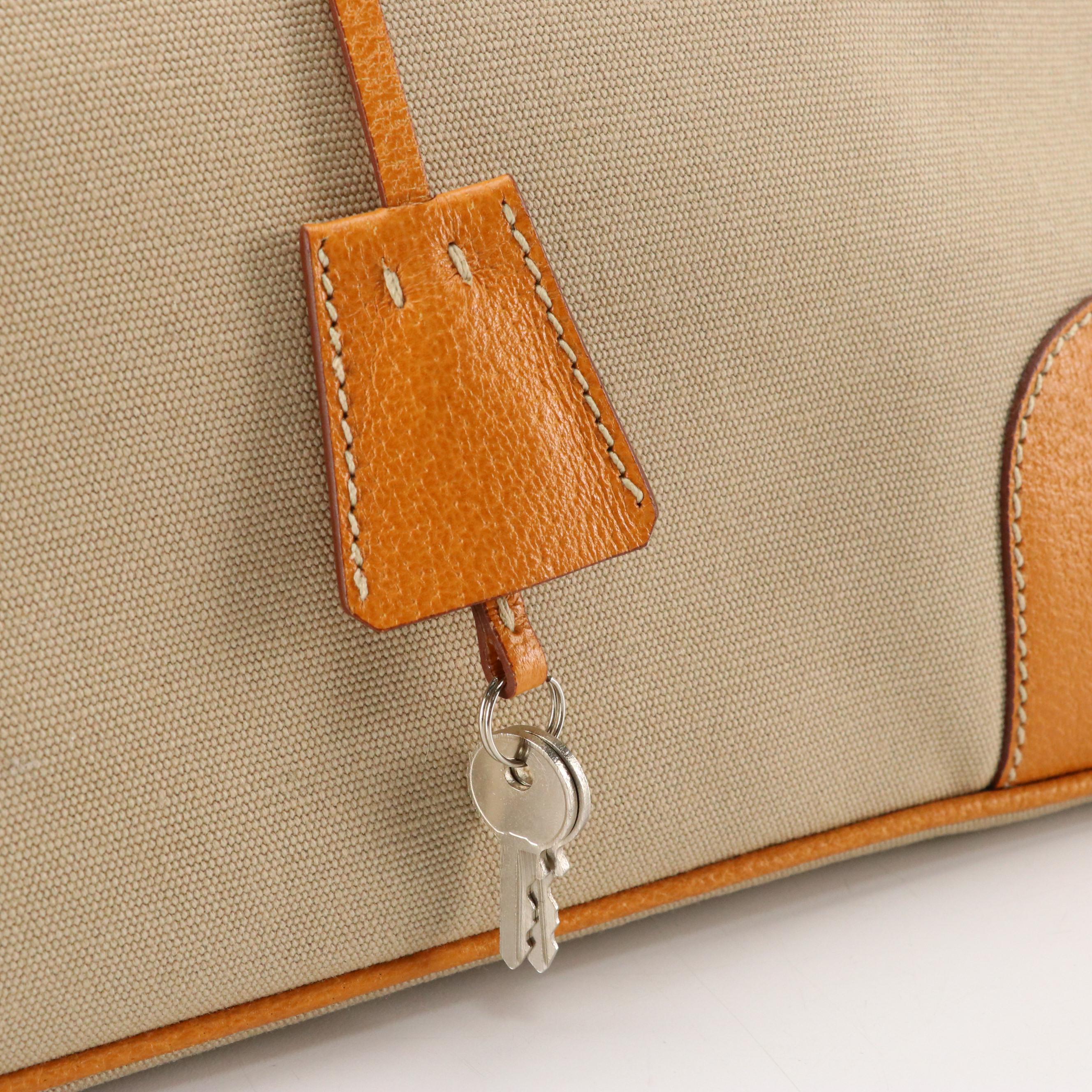 Prada Dome Bowler Bag in Beige Canvas with Tan/Orange Cinghiale Leather Trim