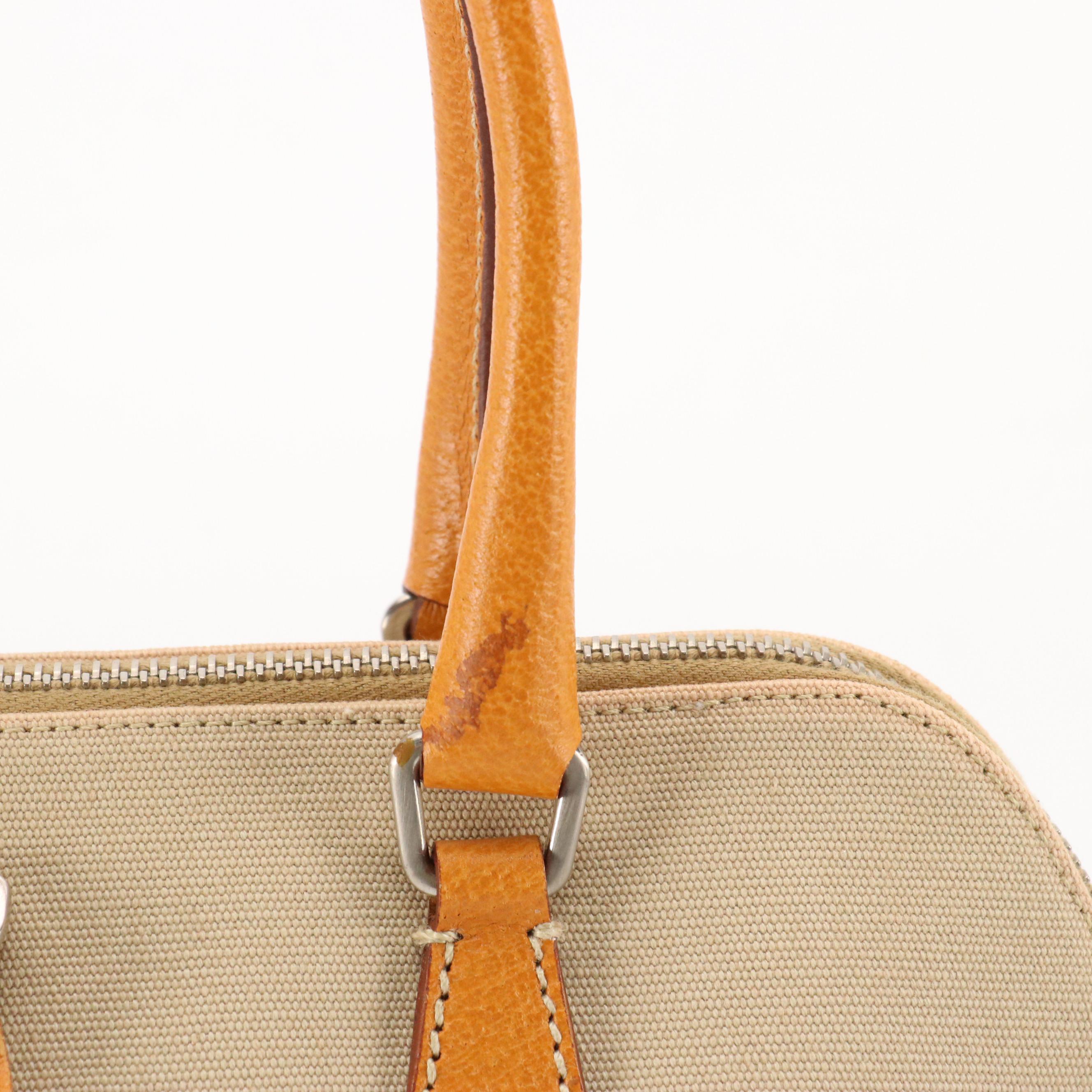 Prada Dome Bowler Bag in Beige Canvas with Tan/Orange Cinghiale Leather Trim