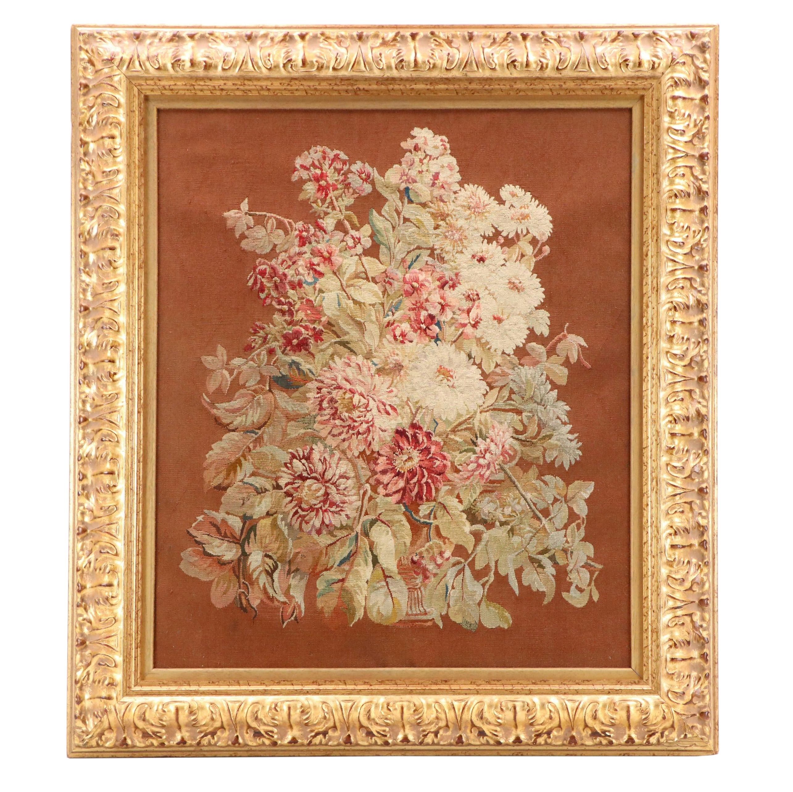 Floral Aubusson Style Tapestry in Gilt Acanthus Frame
