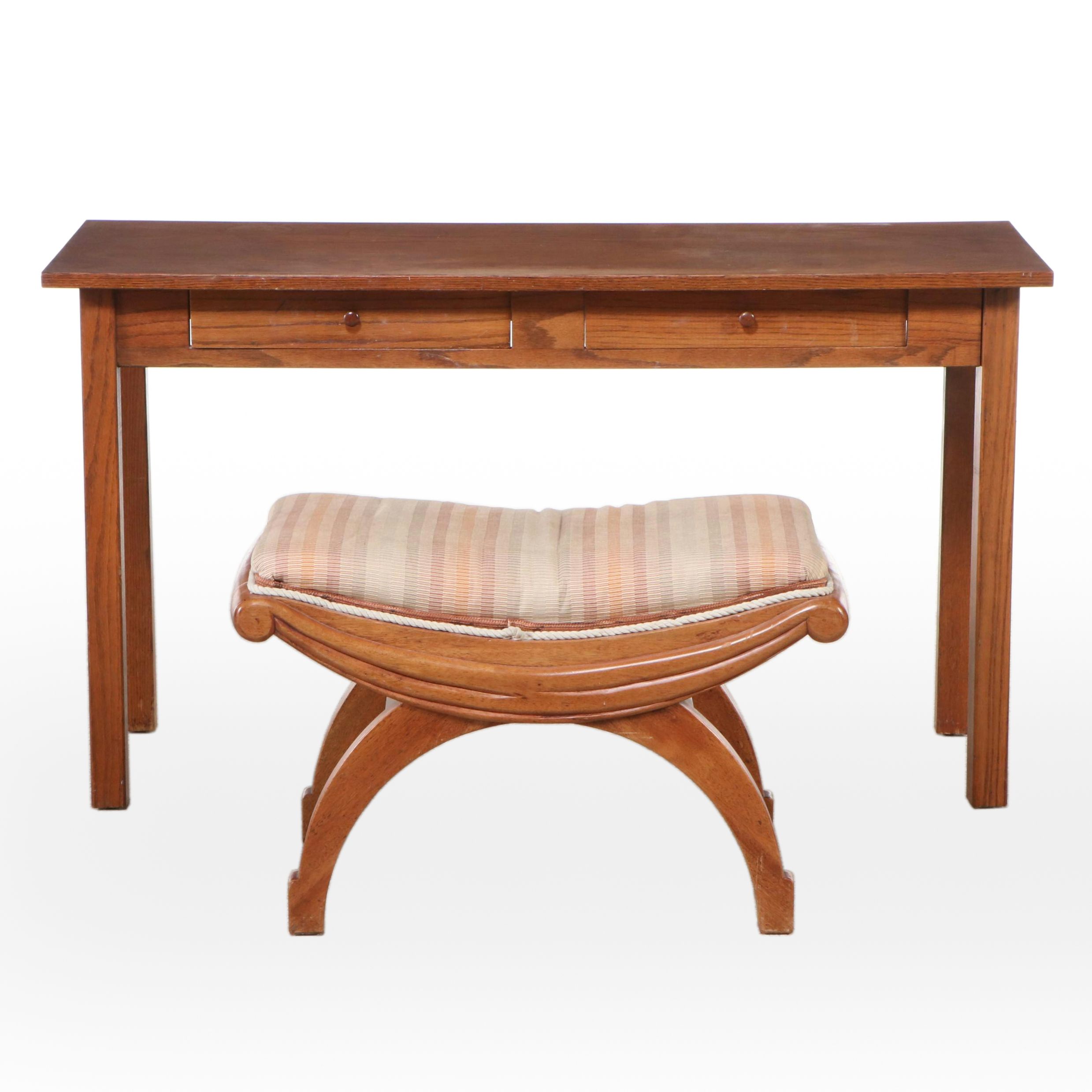 Oak Two-Drawer Writing Table with Upholstered Stool, 20th Century