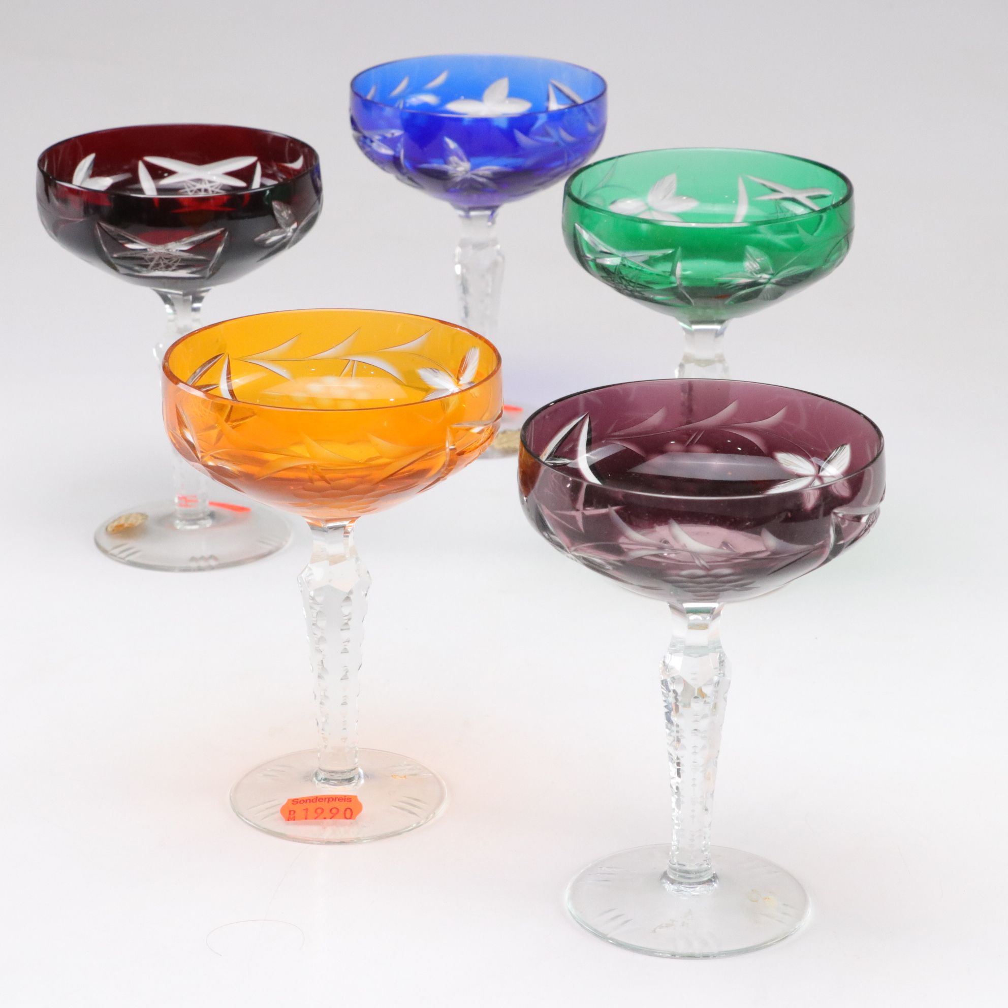 German Lead Crystal Champagne Coupes with Cut Decorations, Set of Five
