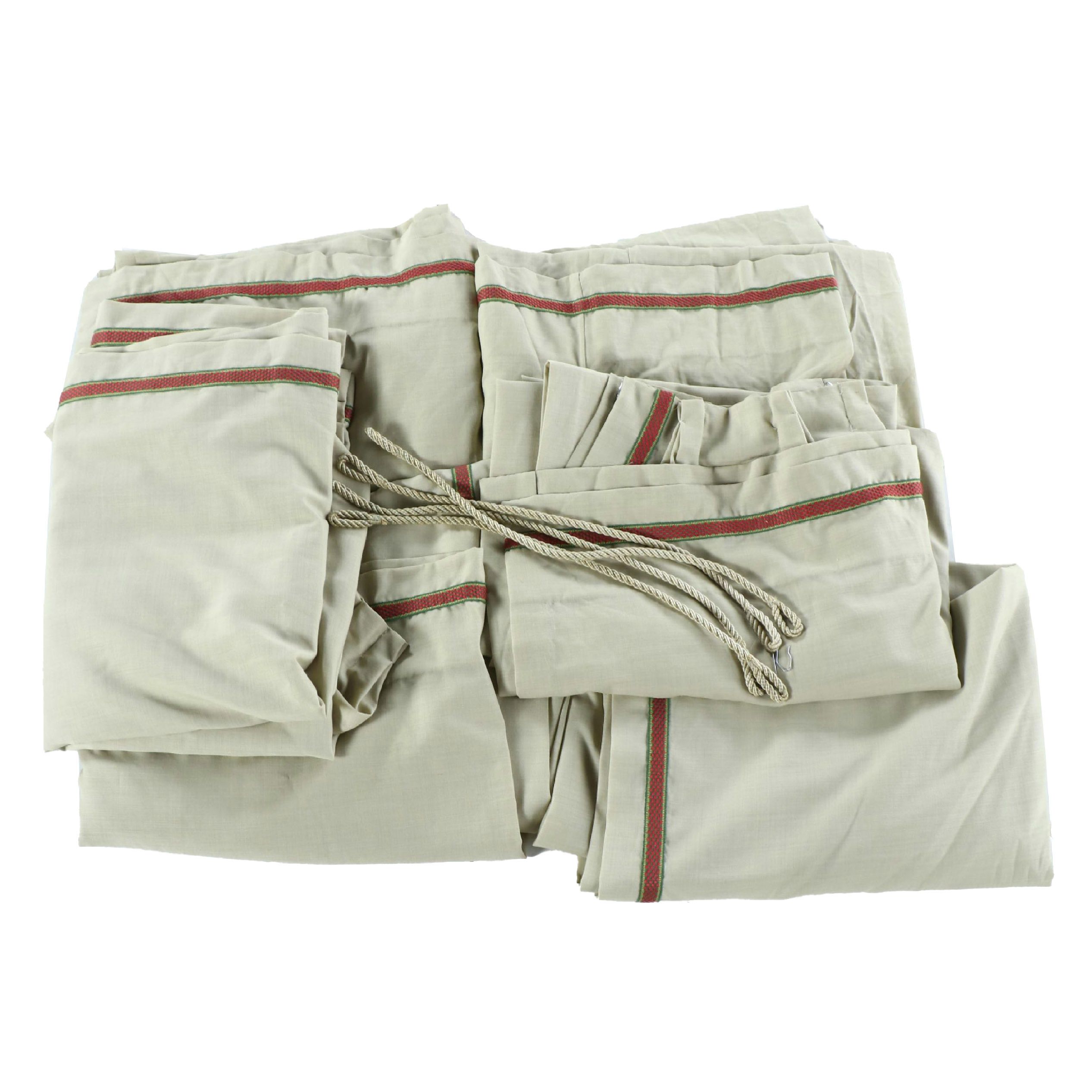 Custom Curtain Panels with Red Woven Trim & Rope Tiebacks