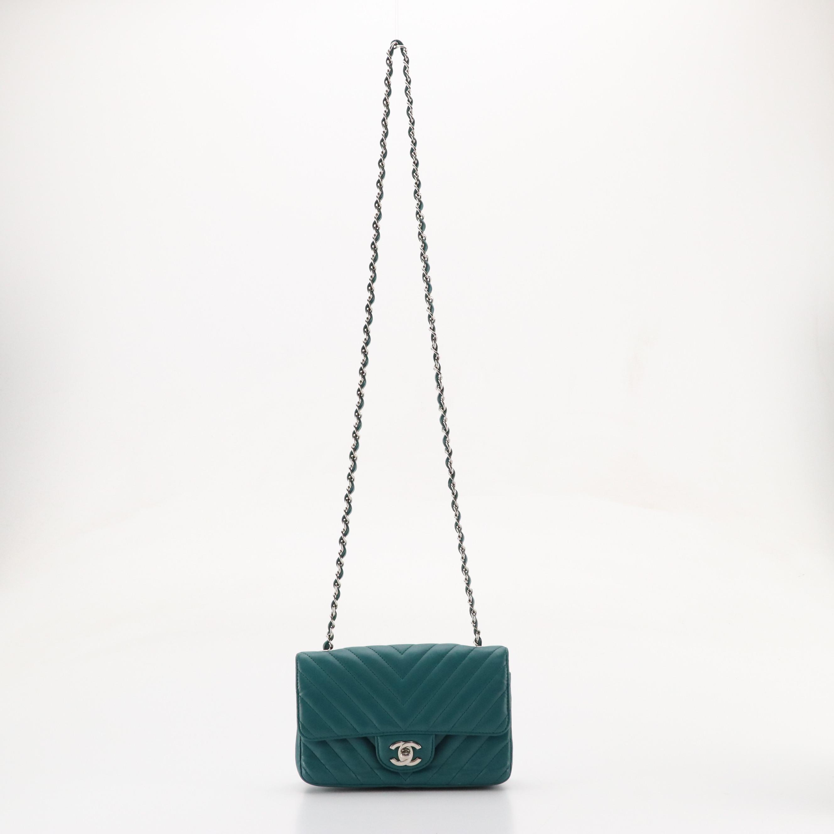 Chanel Small Classic Flap Chain Link Crossbody in Teal Chevron Quilted Lambskin