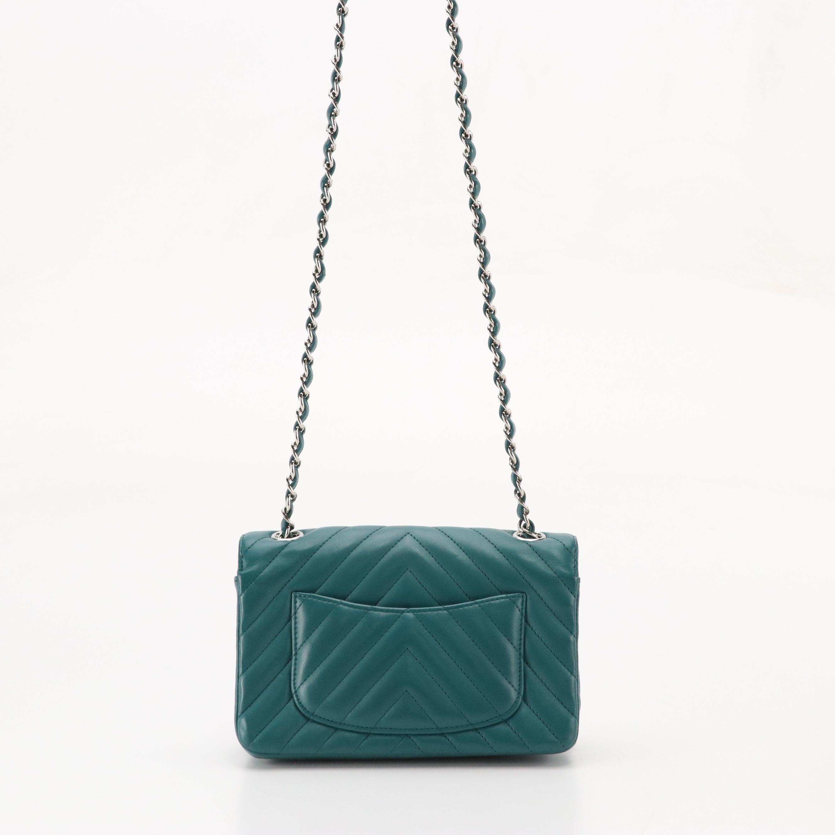 Chanel Small Classic Flap Chain Link Crossbody in Teal Chevron Quilted Lambskin