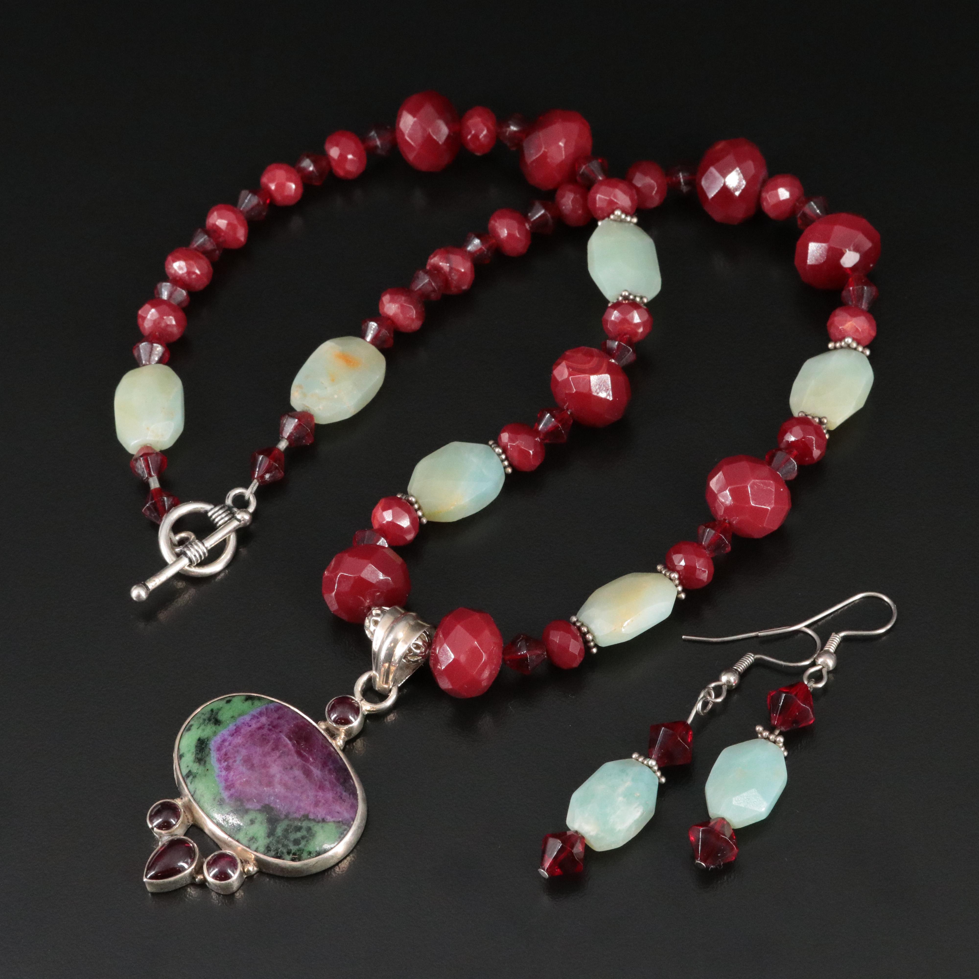 Sterling Gemstone Necklace and Earrings Set Including Ruby in Zoisite