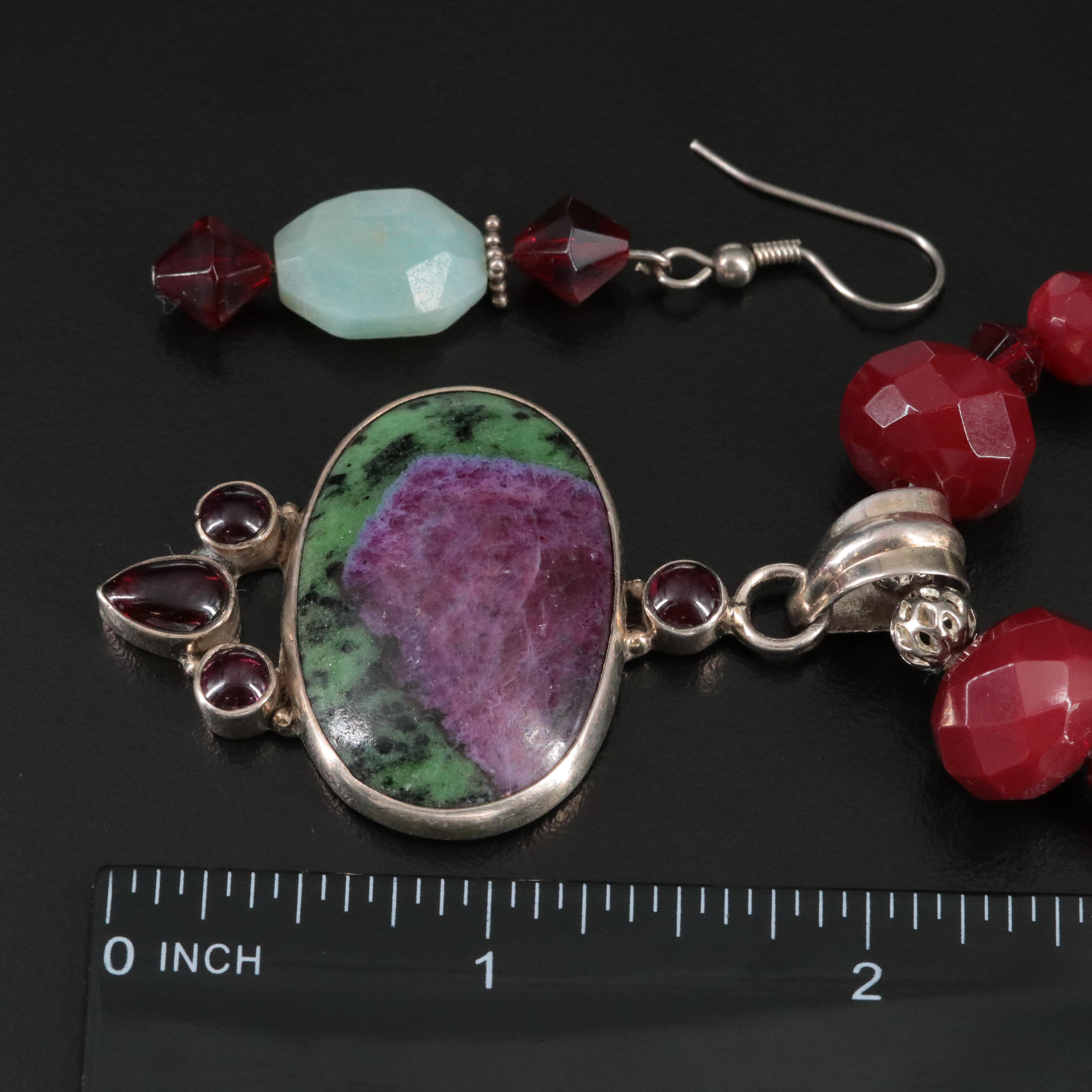 Sterling Gemstone Necklace and Earrings Set Including Ruby in Zoisite