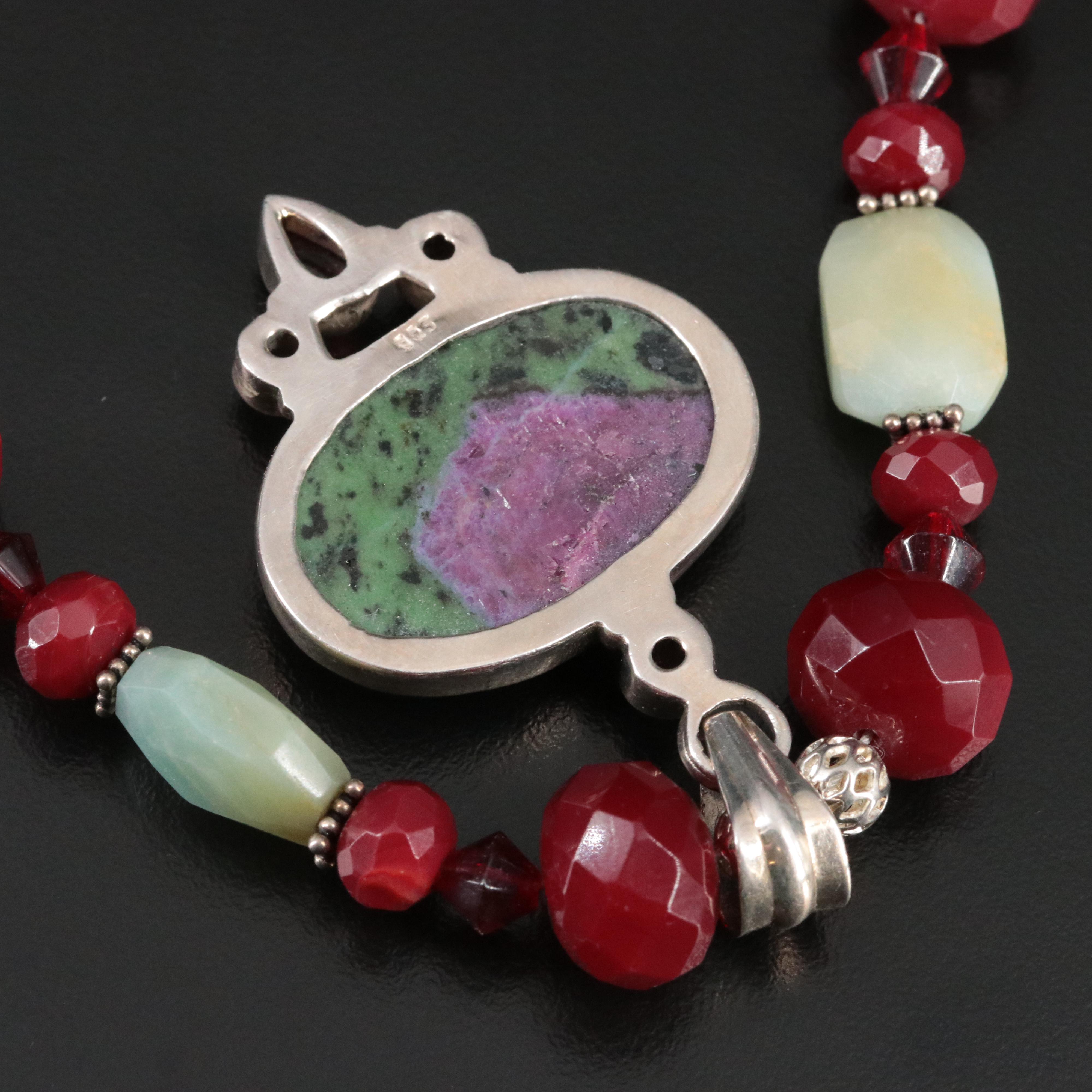 Sterling Gemstone Necklace and Earrings Set Including Ruby in Zoisite