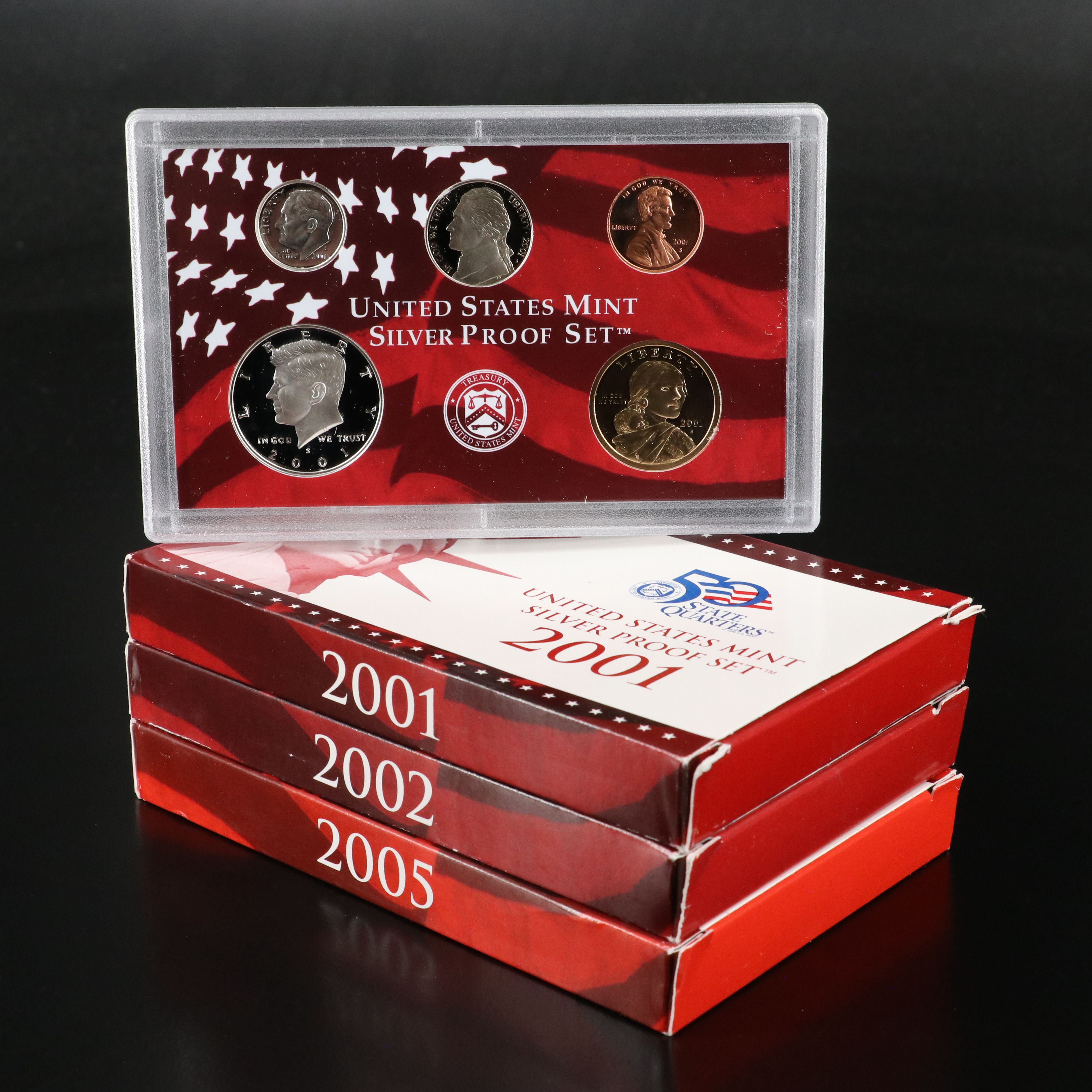 Three United States Modern Silver Proof Sets, 2001, 2002, and 2005