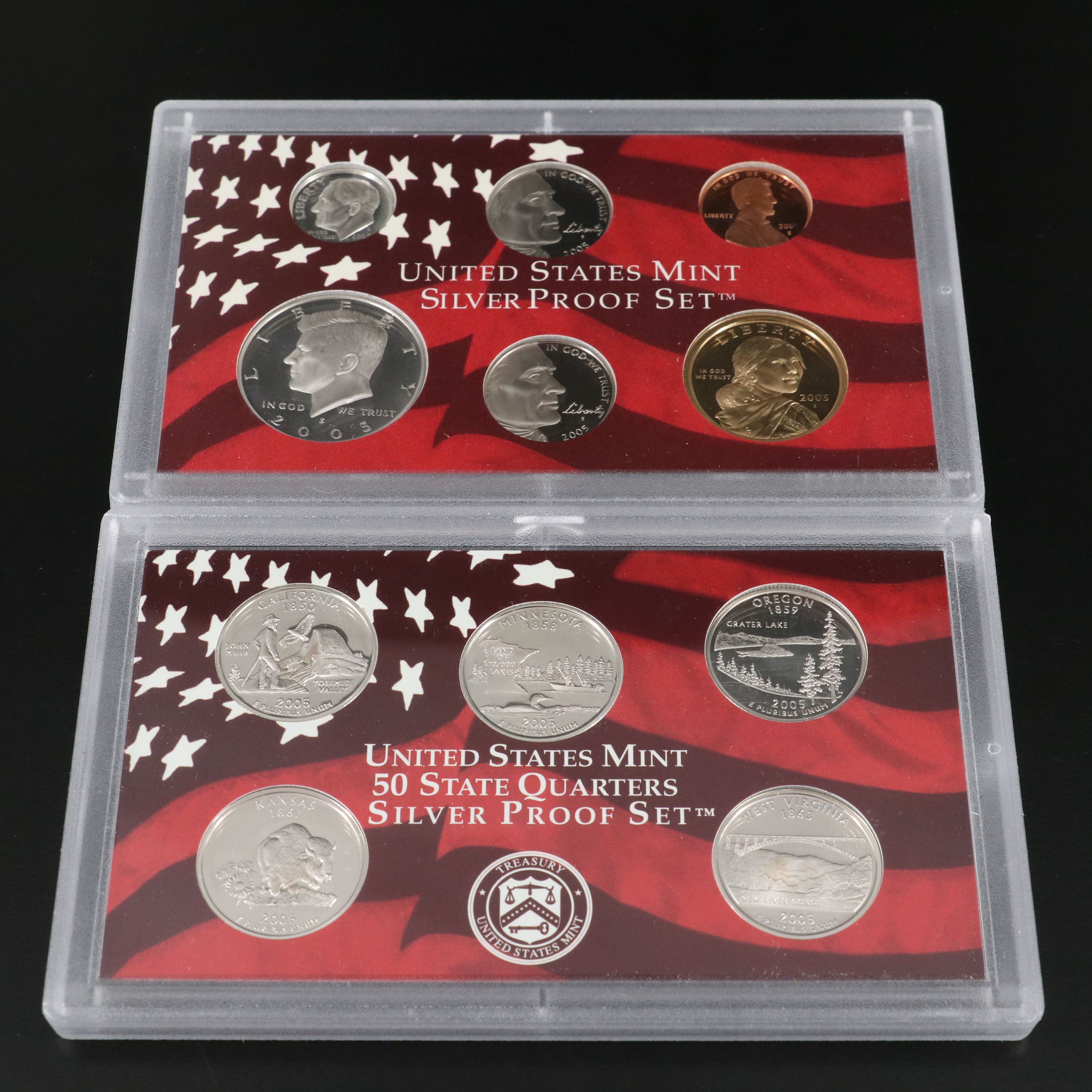 Three United States Modern Silver Proof Sets, 2001, 2002, and 2005