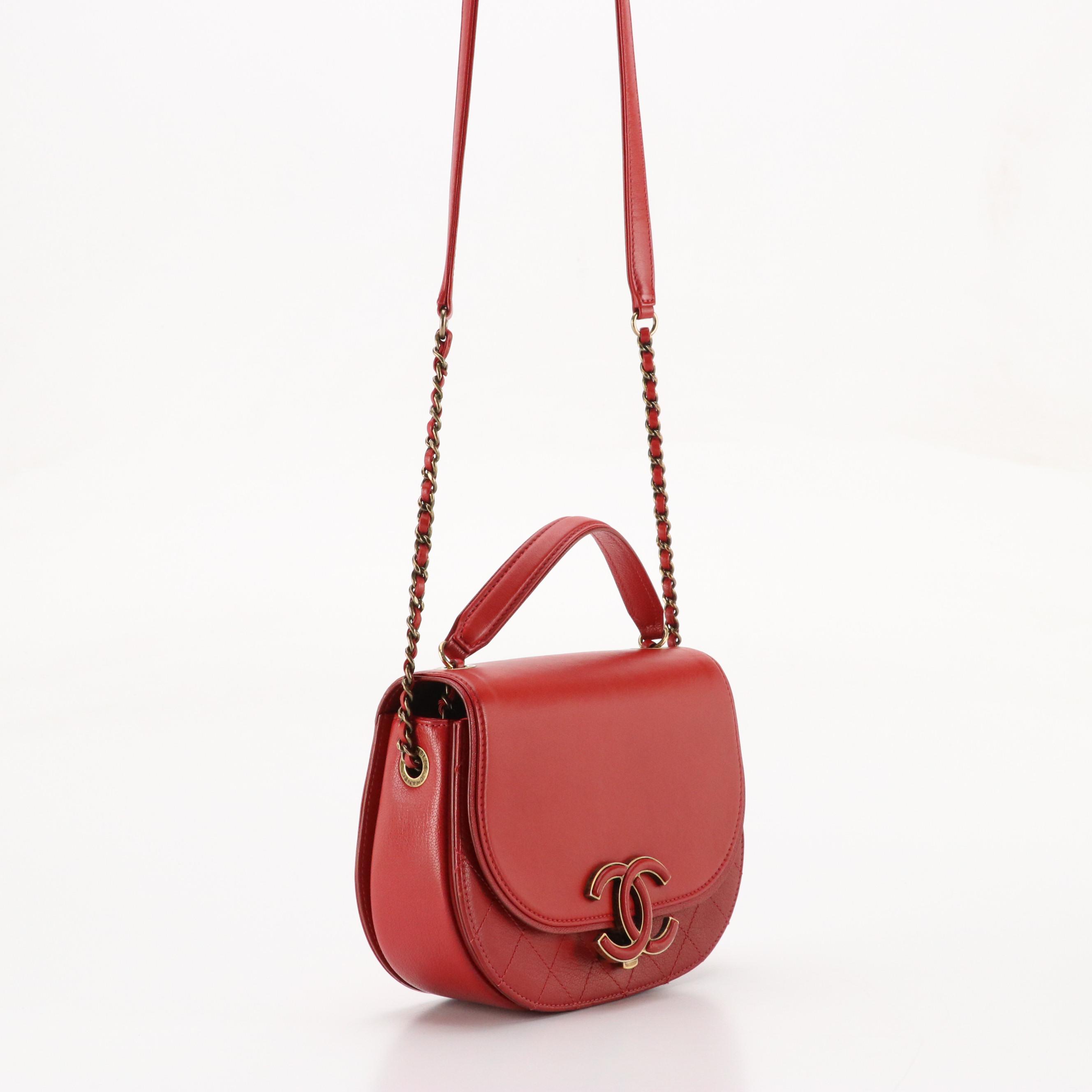Chanel CC Flap Two-Way Bag in Red Smooth and Quilted Calfskin Leather