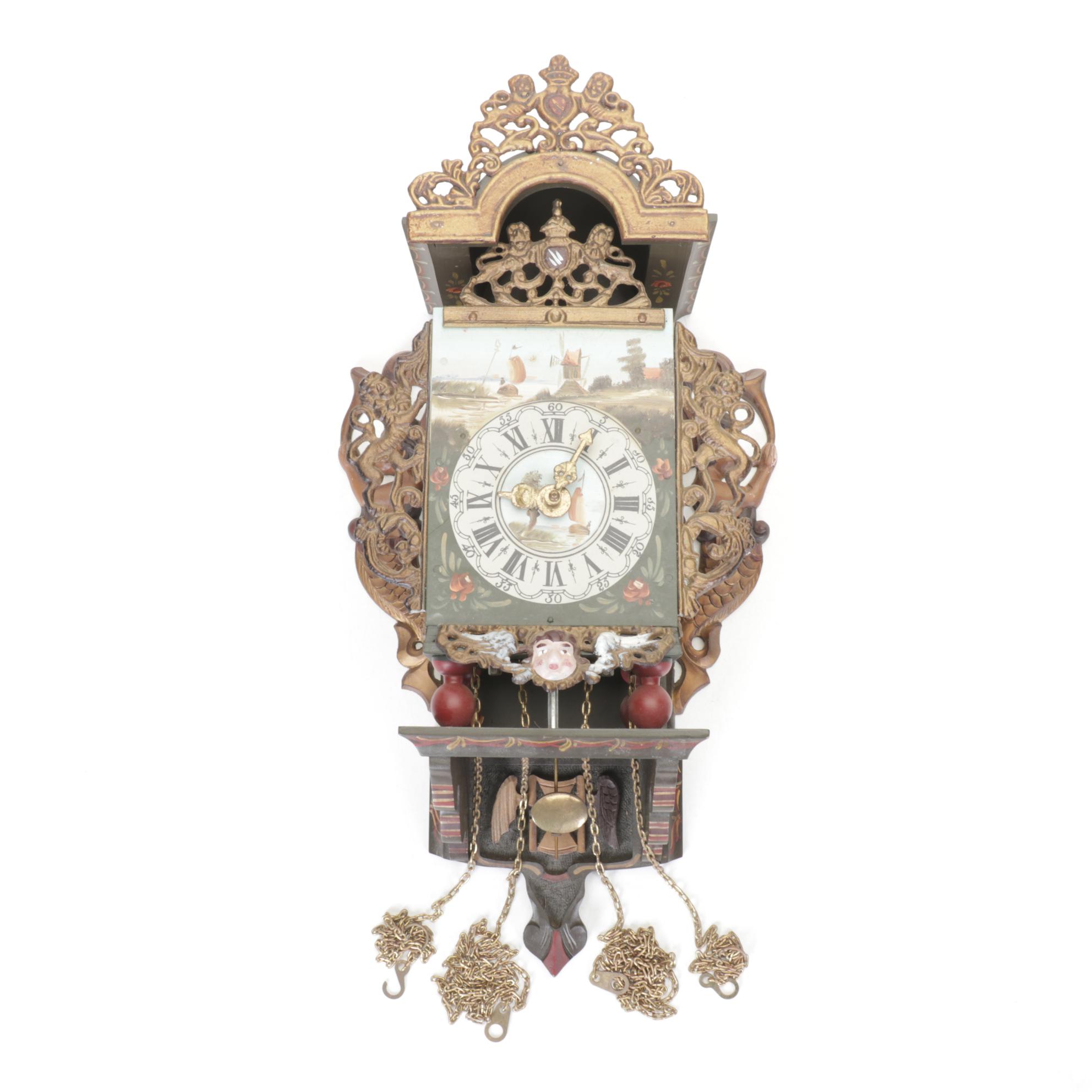 Dutch Friesland "Stoelklok" Hand-Painted Wall Clock, Late 19th/Early 20th C.