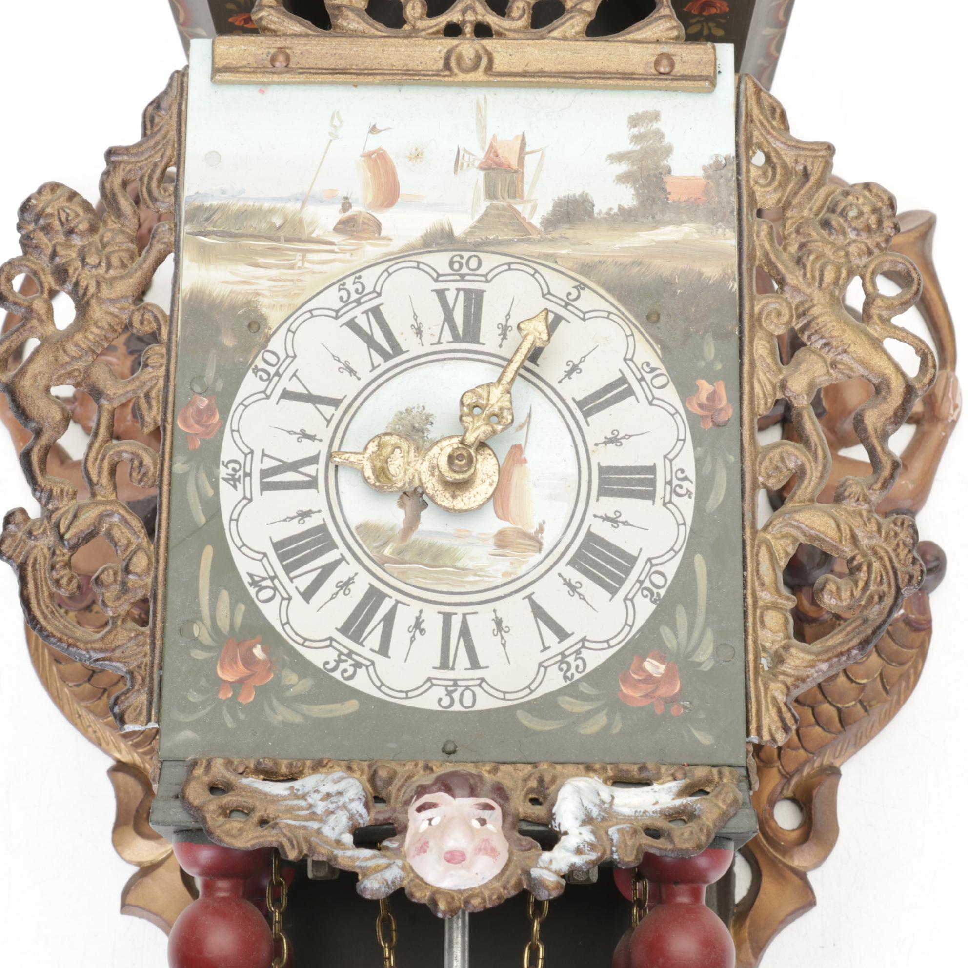 Dutch Friesland "Stoelklok" Hand-Painted Wall Clock, Late 19th/Early 20th C.