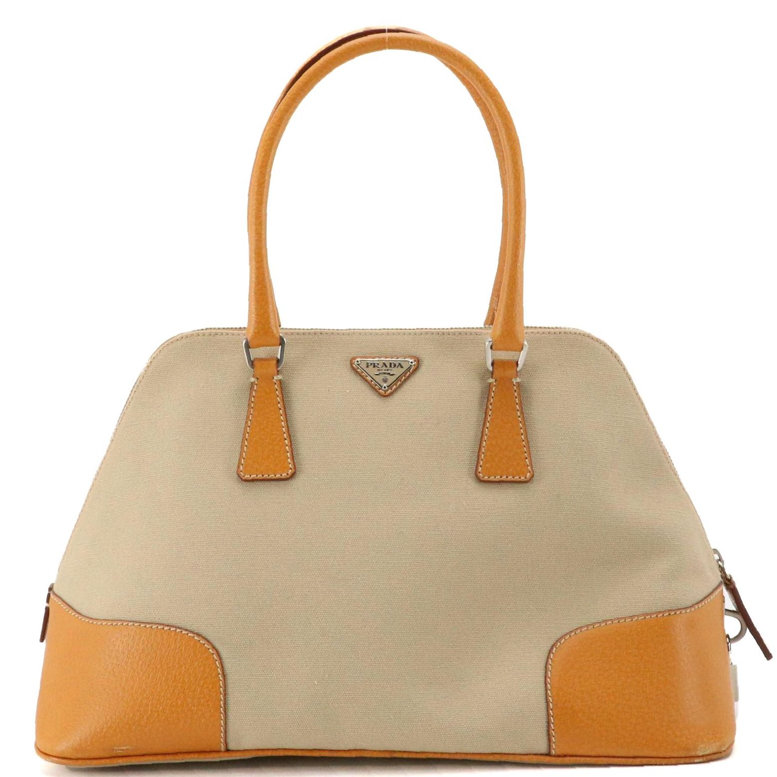 Prada Dome Bowler Bag in Beige Canvas with Tan/Orange Cinghiale Leather Trim