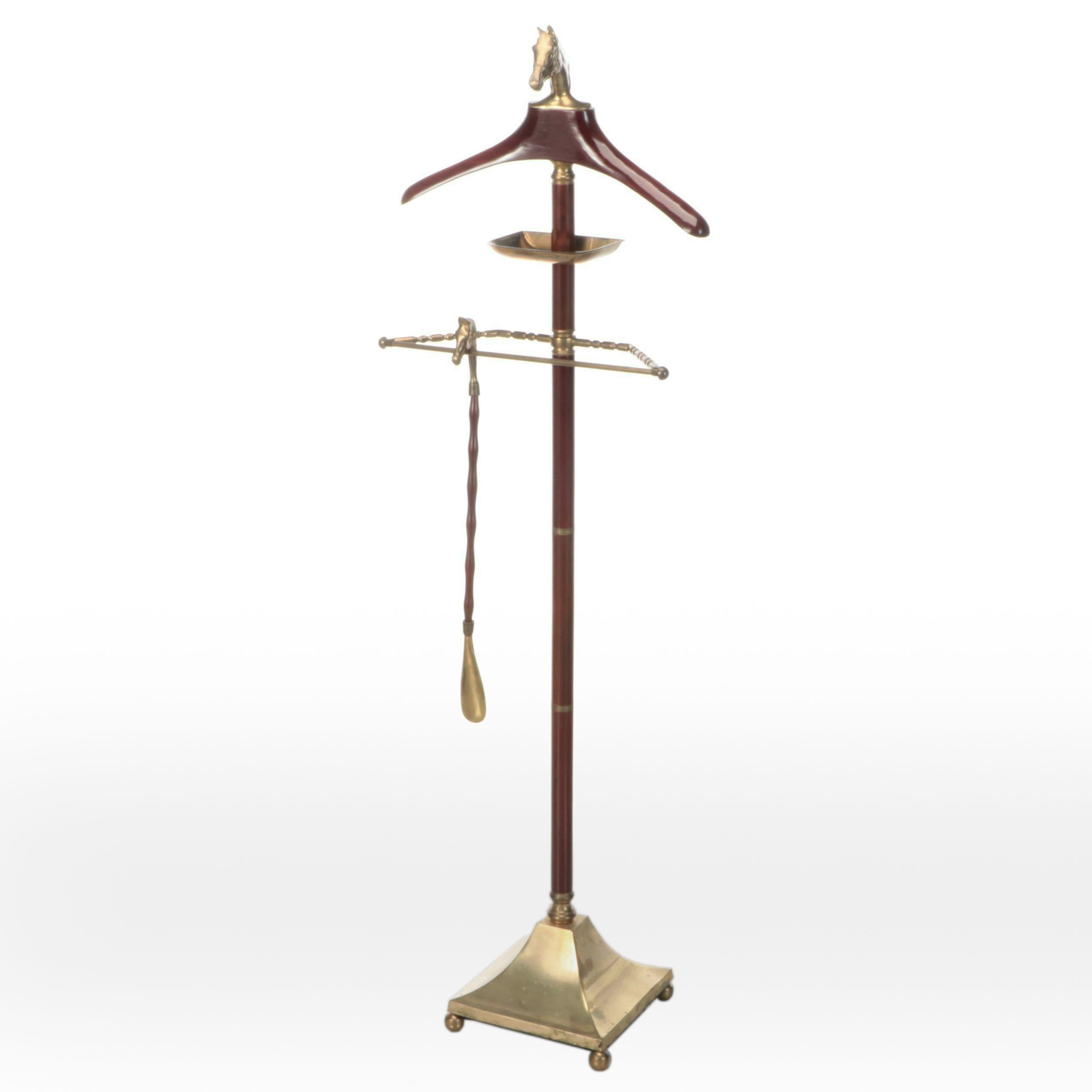 Brass and Wood Horse Head Valet Stand