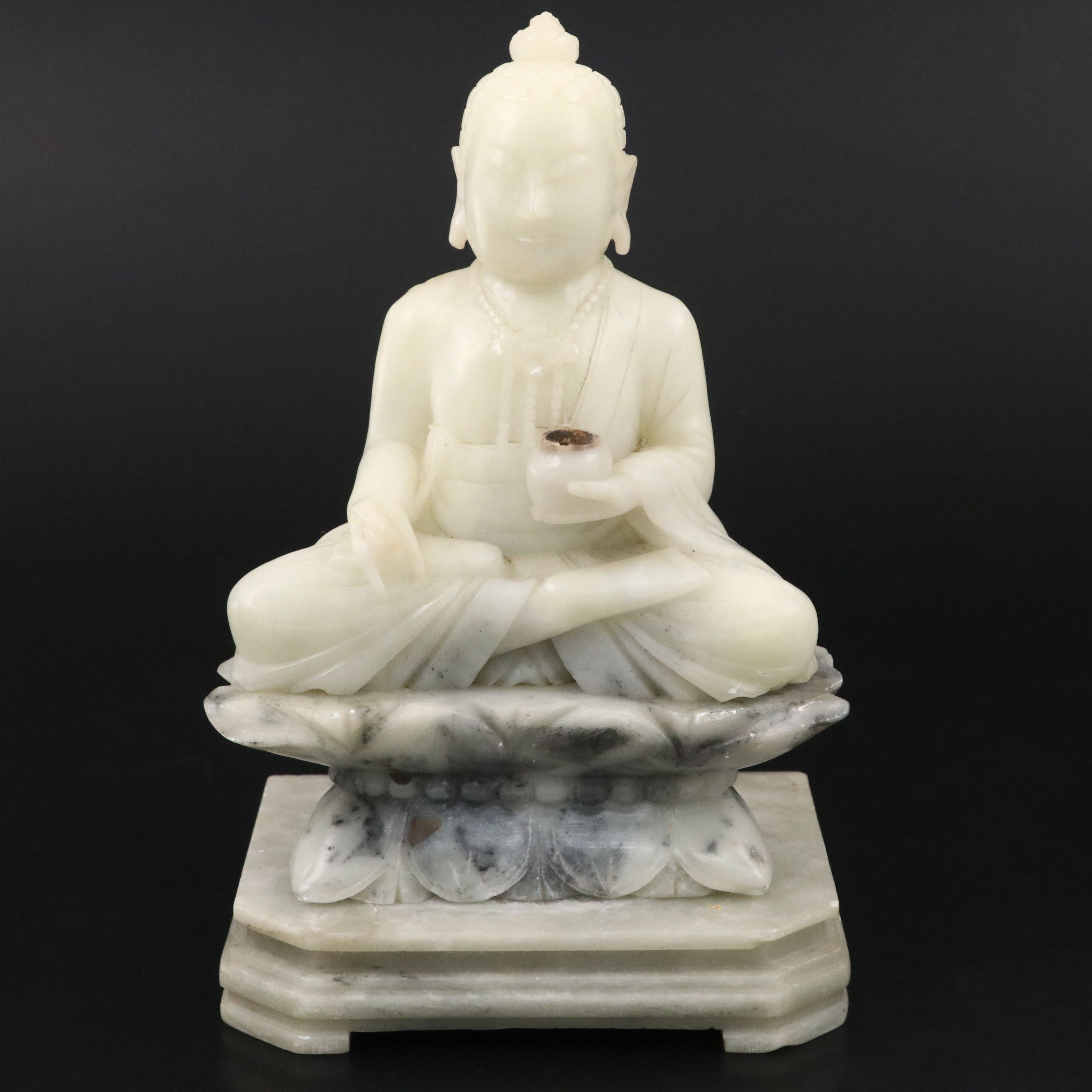 Carved Soapstone Karana Mudra Buddha Seated on Lotus Blossom with Base