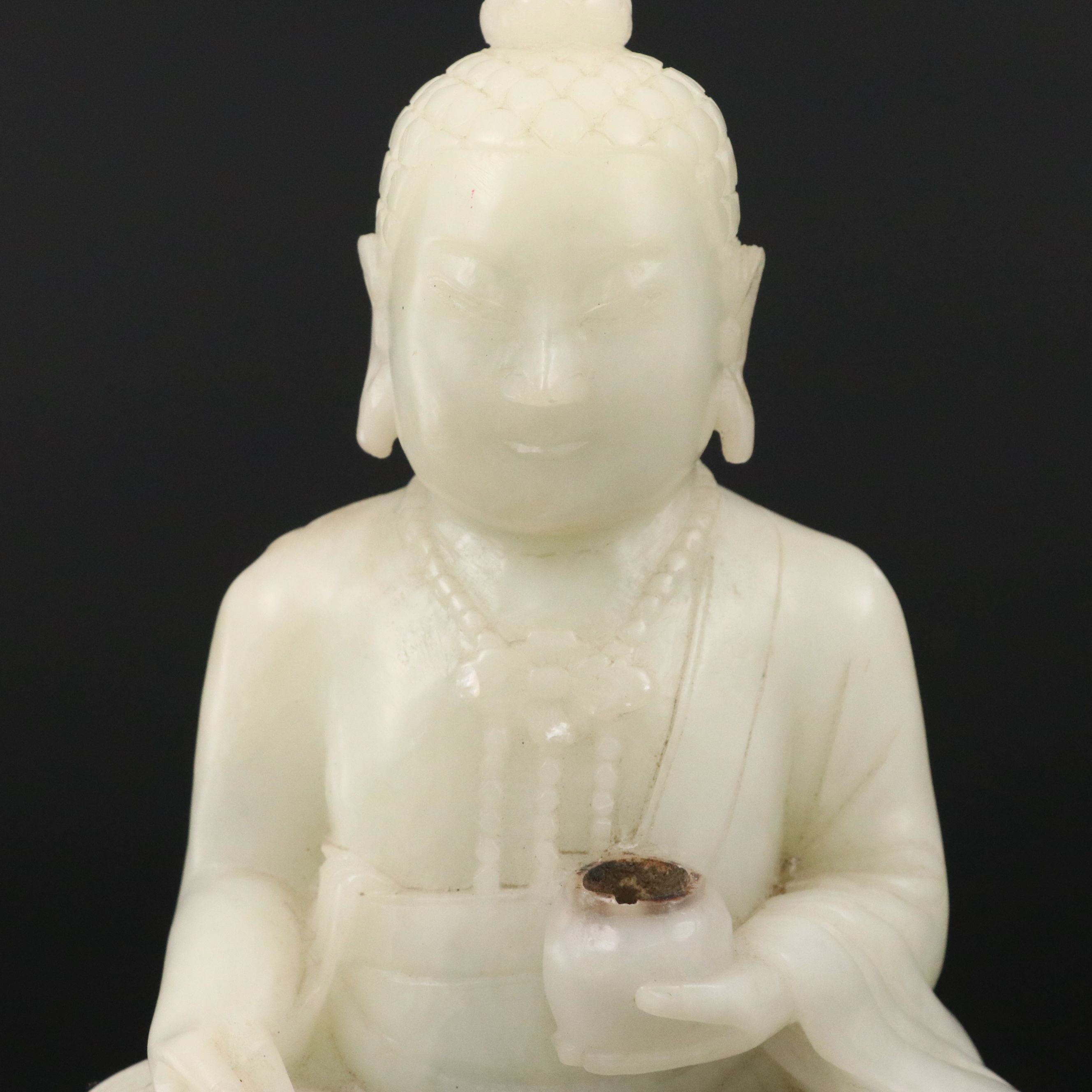 Carved Soapstone Karana Mudra Buddha Seated on Lotus Blossom with Base