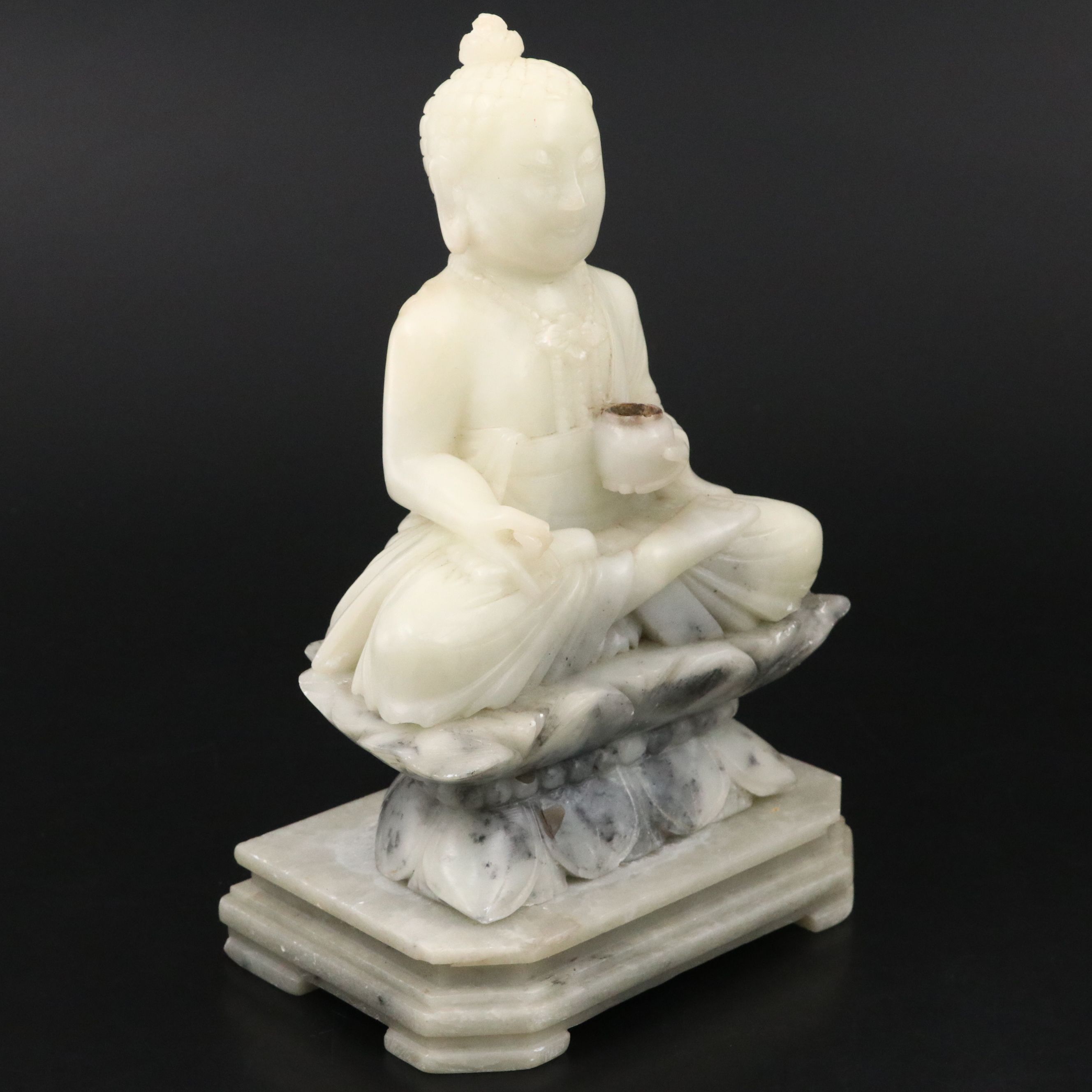 Carved Soapstone Karana Mudra Buddha Seated on Lotus Blossom with Base