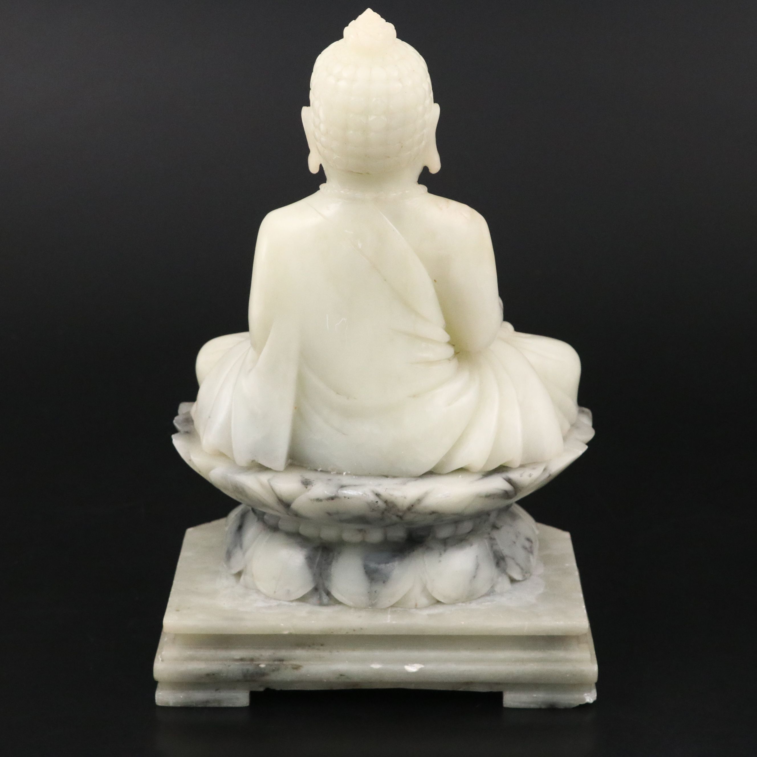 Carved Soapstone Karana Mudra Buddha Seated on Lotus Blossom with Base