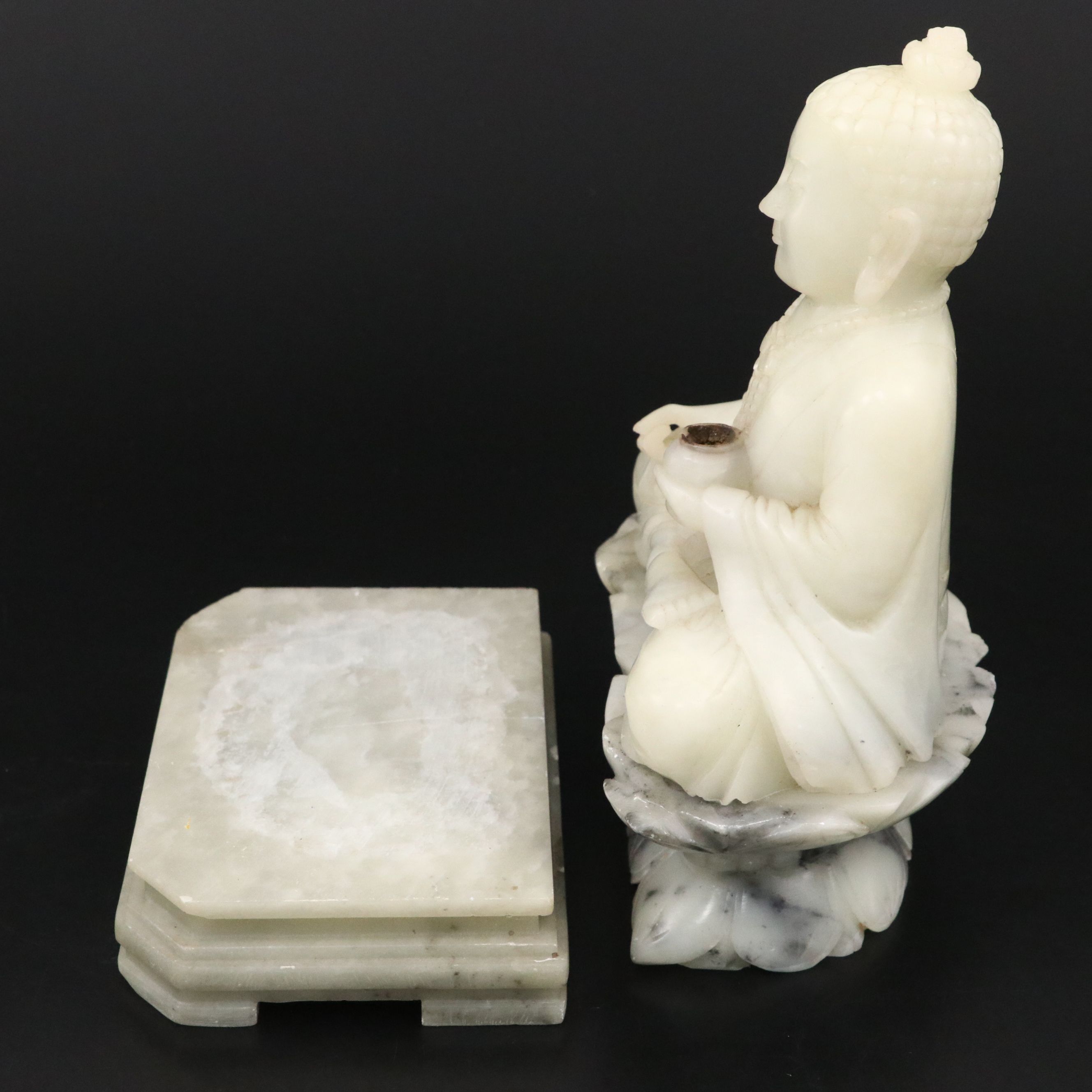 Carved Soapstone Karana Mudra Buddha Seated on Lotus Blossom with Base