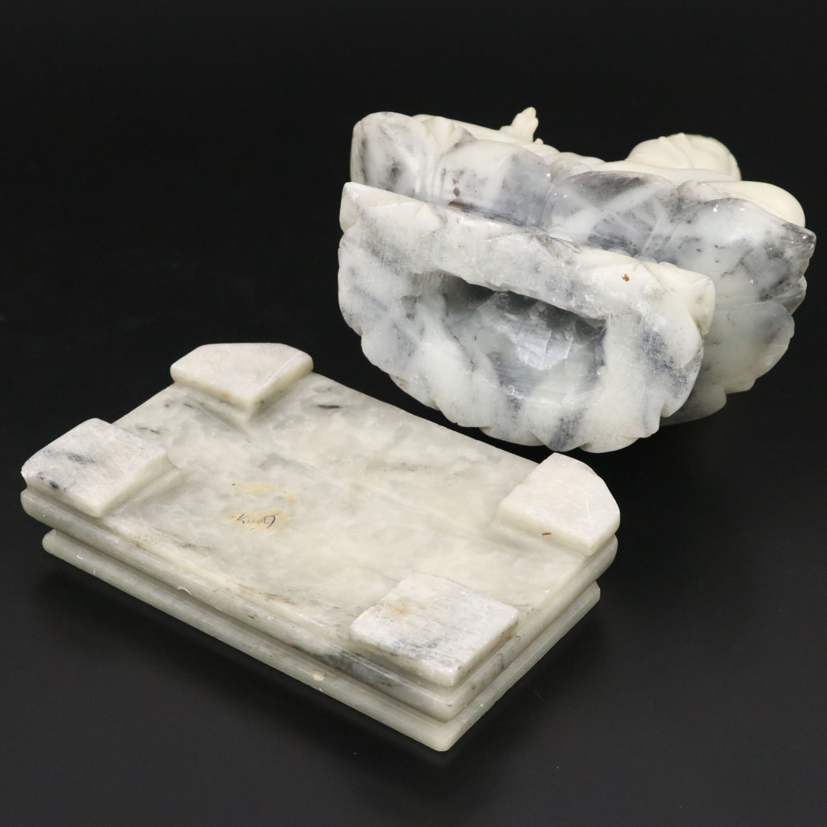 Carved Soapstone Karana Mudra Buddha Seated on Lotus Blossom with Base