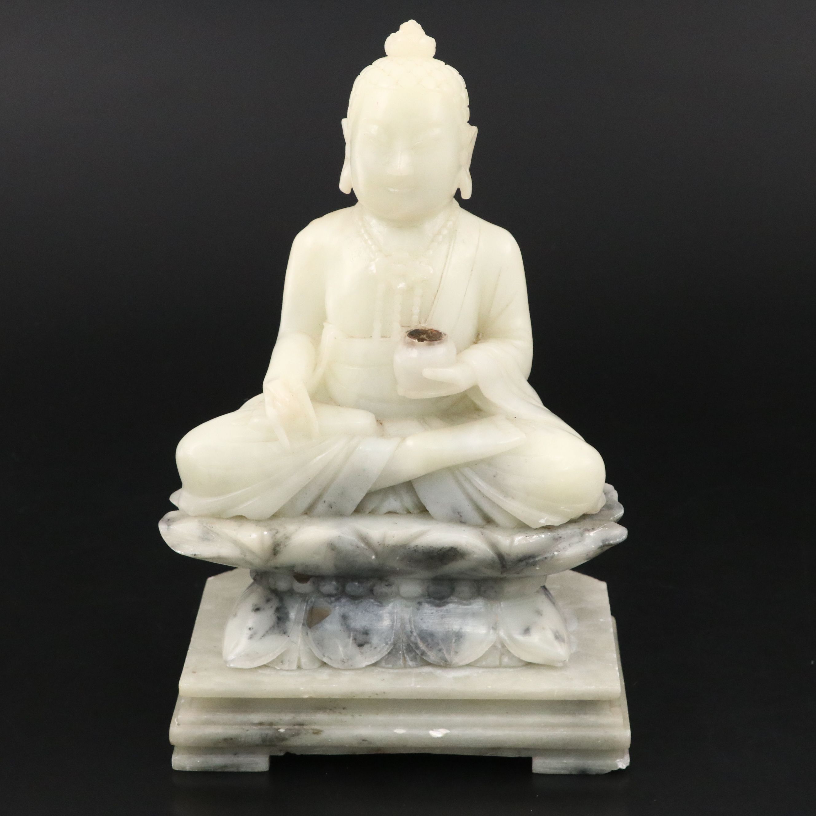 Carved Soapstone Karana Mudra Buddha Seated on Lotus Blossom with Base
