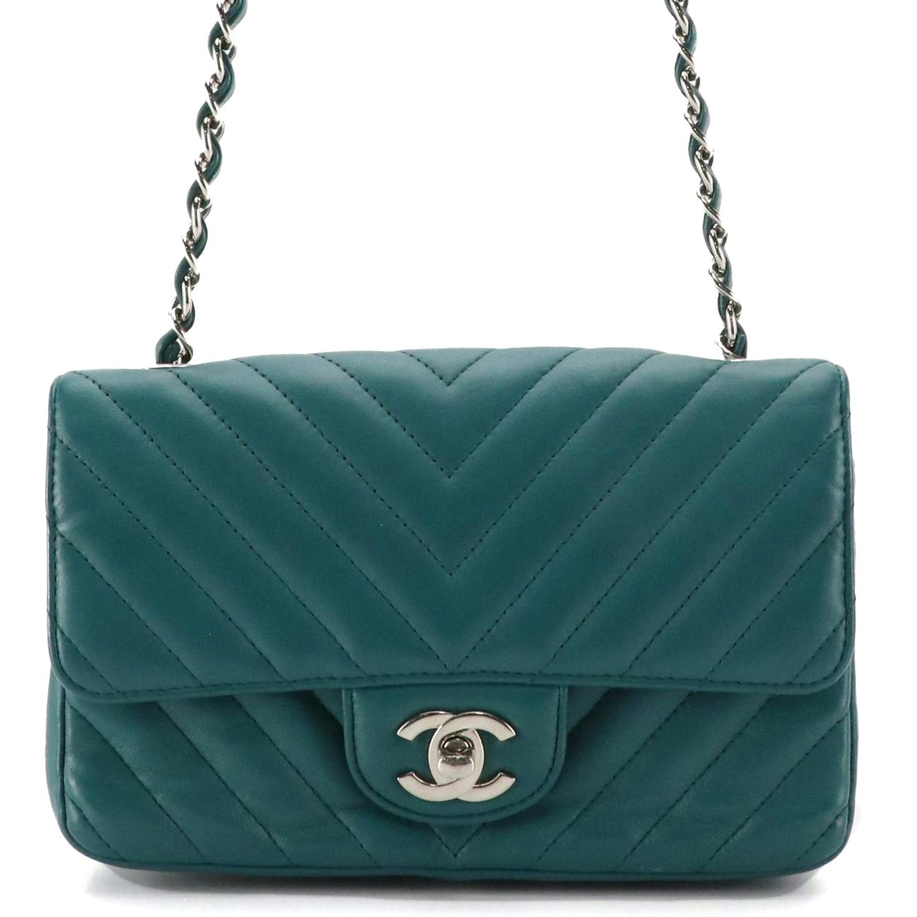 Chanel Small Classic Flap Chain Link Crossbody in Teal Chevron Quilted Lambskin