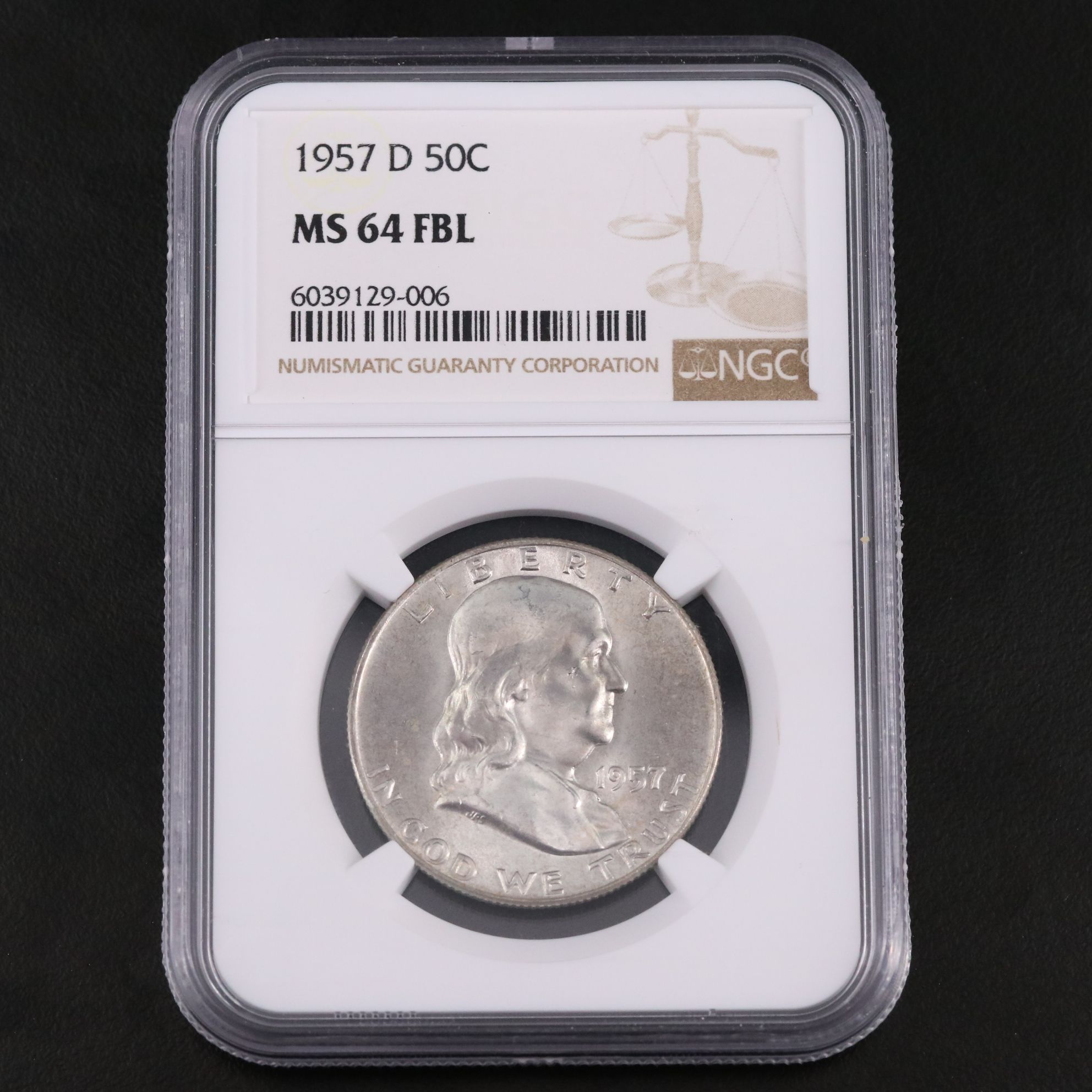 NGC Graded MS64 FBL 1957-D Franklin Silver Half Dollar