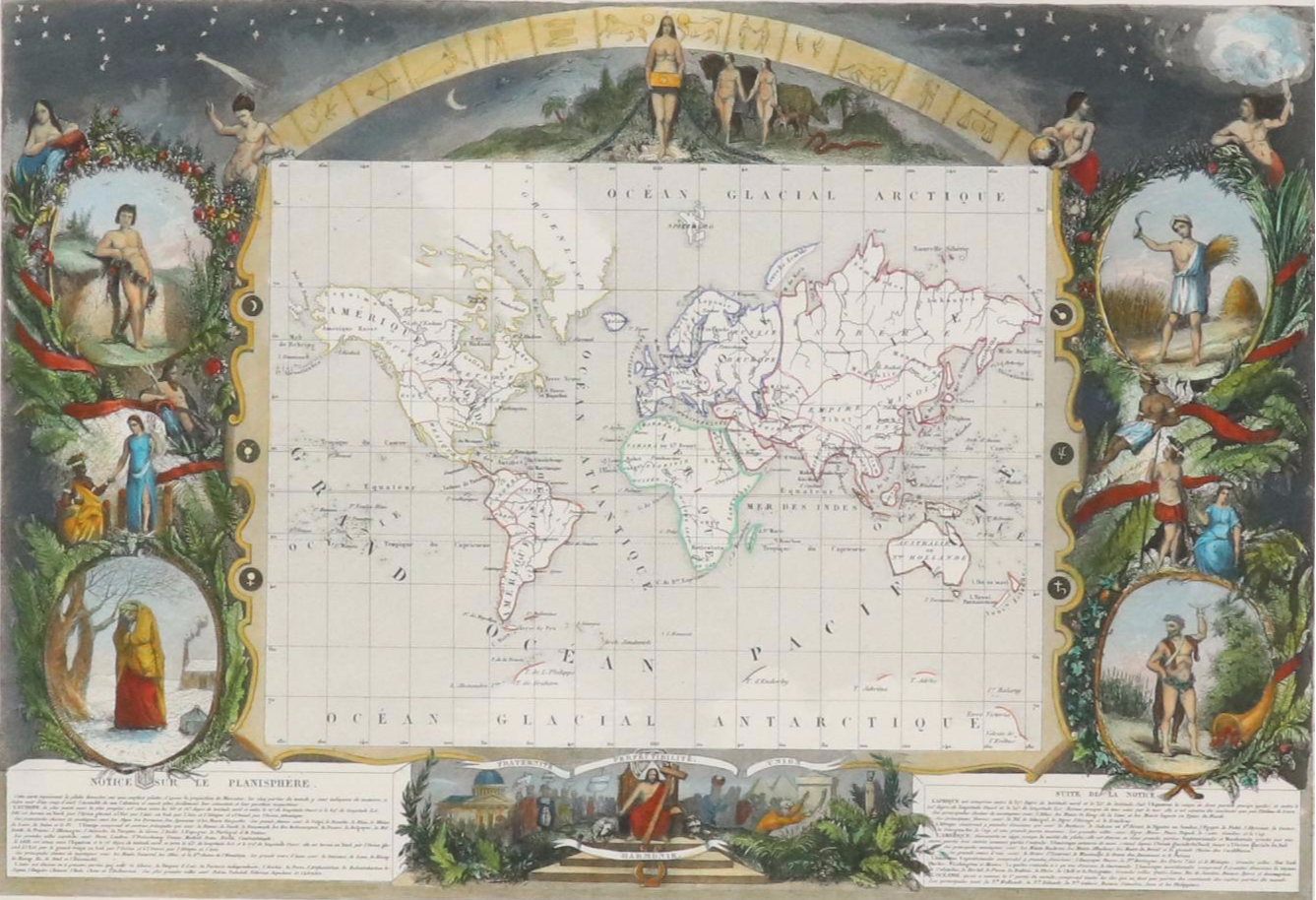 Hand-Painted Engraved Map "Planisphère" After R. Bonheur and V. Levasseur, 1840s