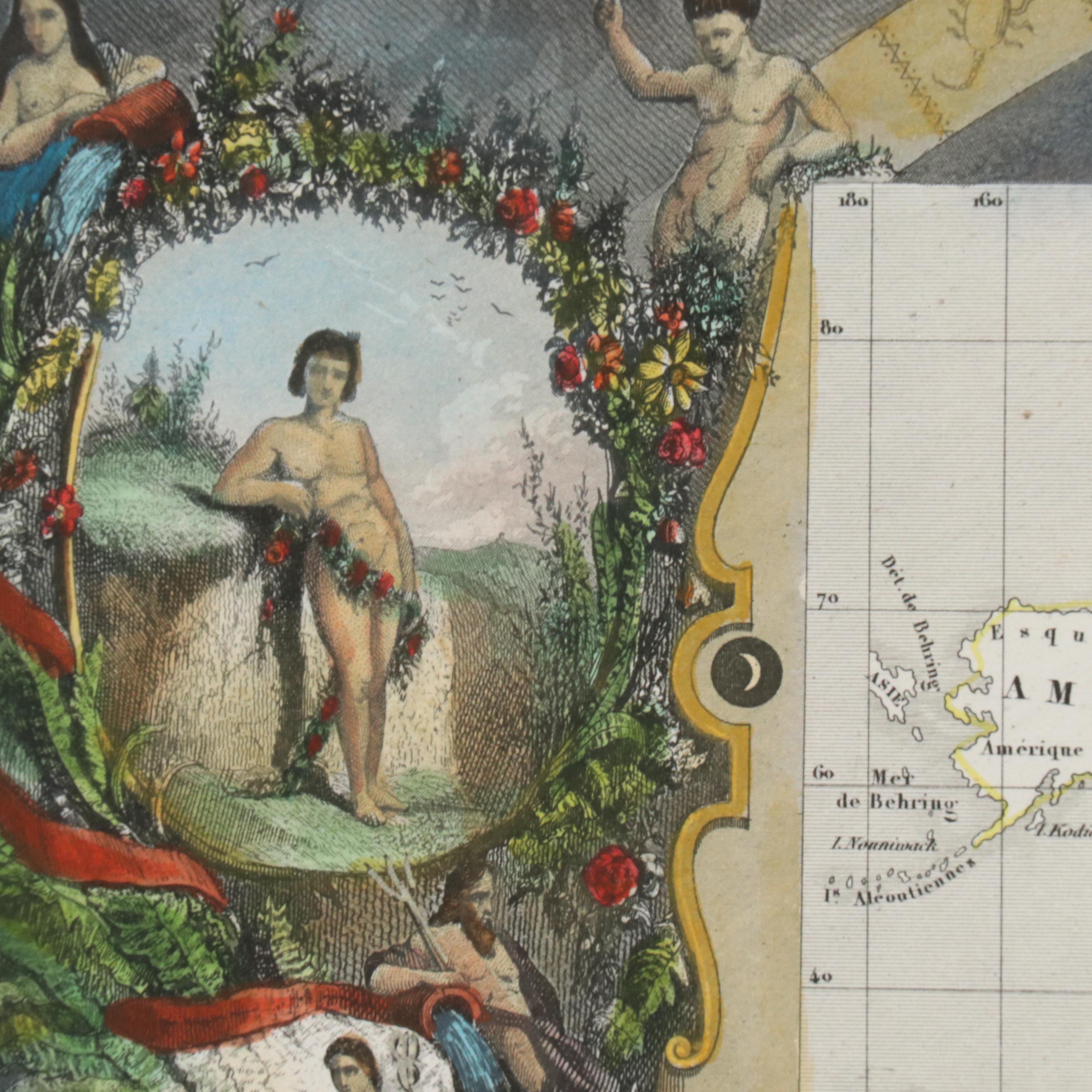 Hand-Painted Engraved Map "Planisphère" After R. Bonheur and V. Levasseur, 1840s