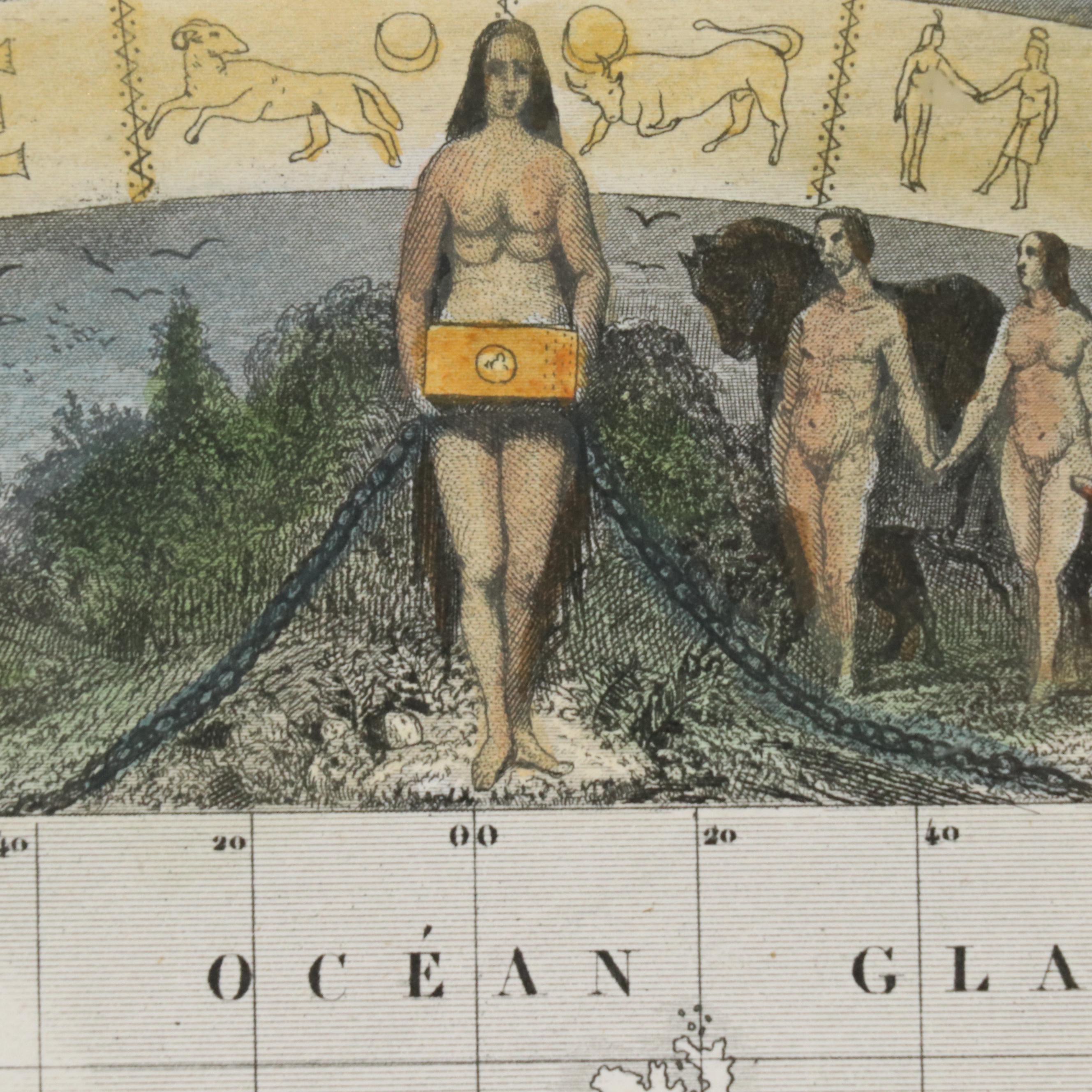 Hand-Painted Engraved Map "Planisphère" After R. Bonheur and V. Levasseur, 1840s