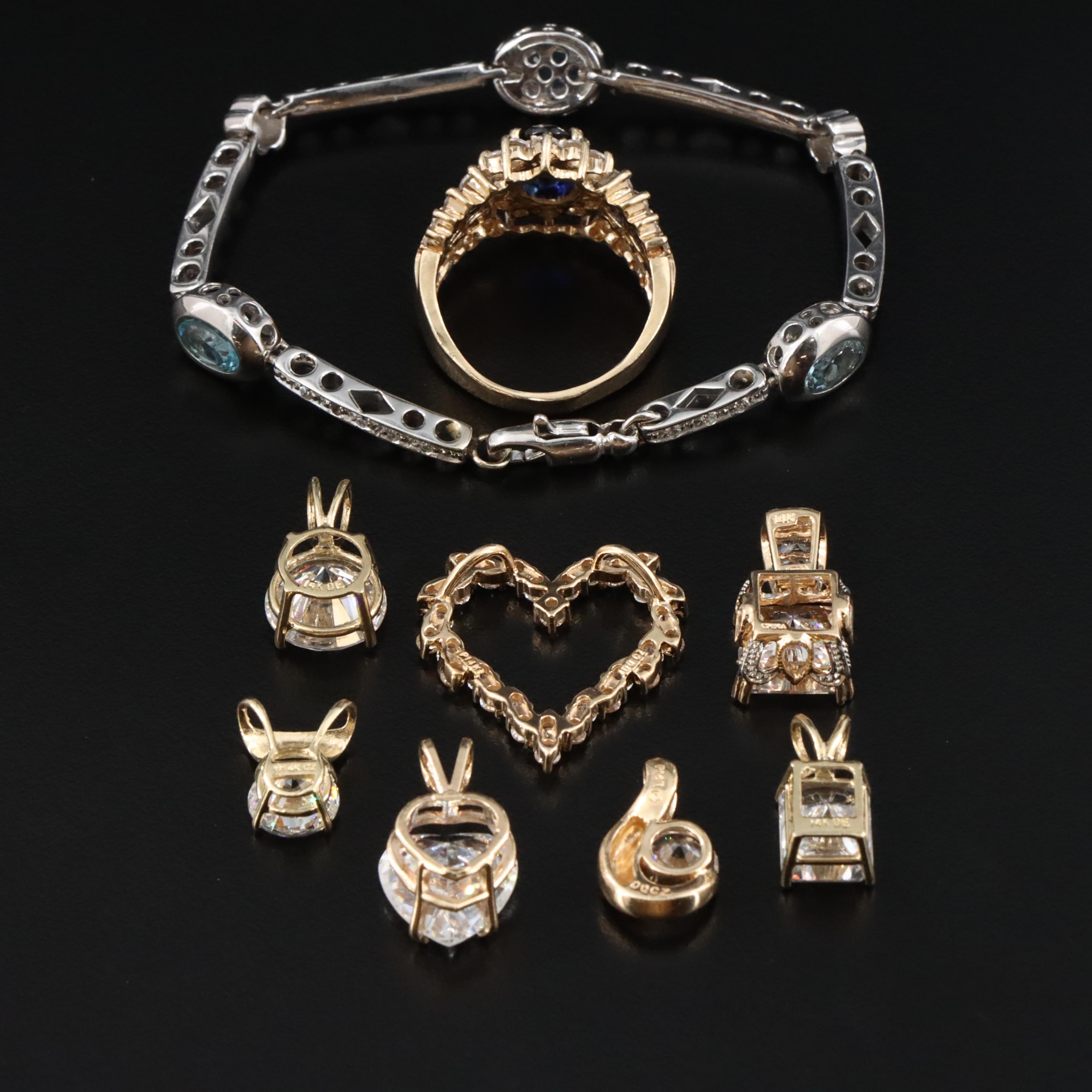 14K Pendant, Ring and Bracelet with Sapphires, CZ and Topaz