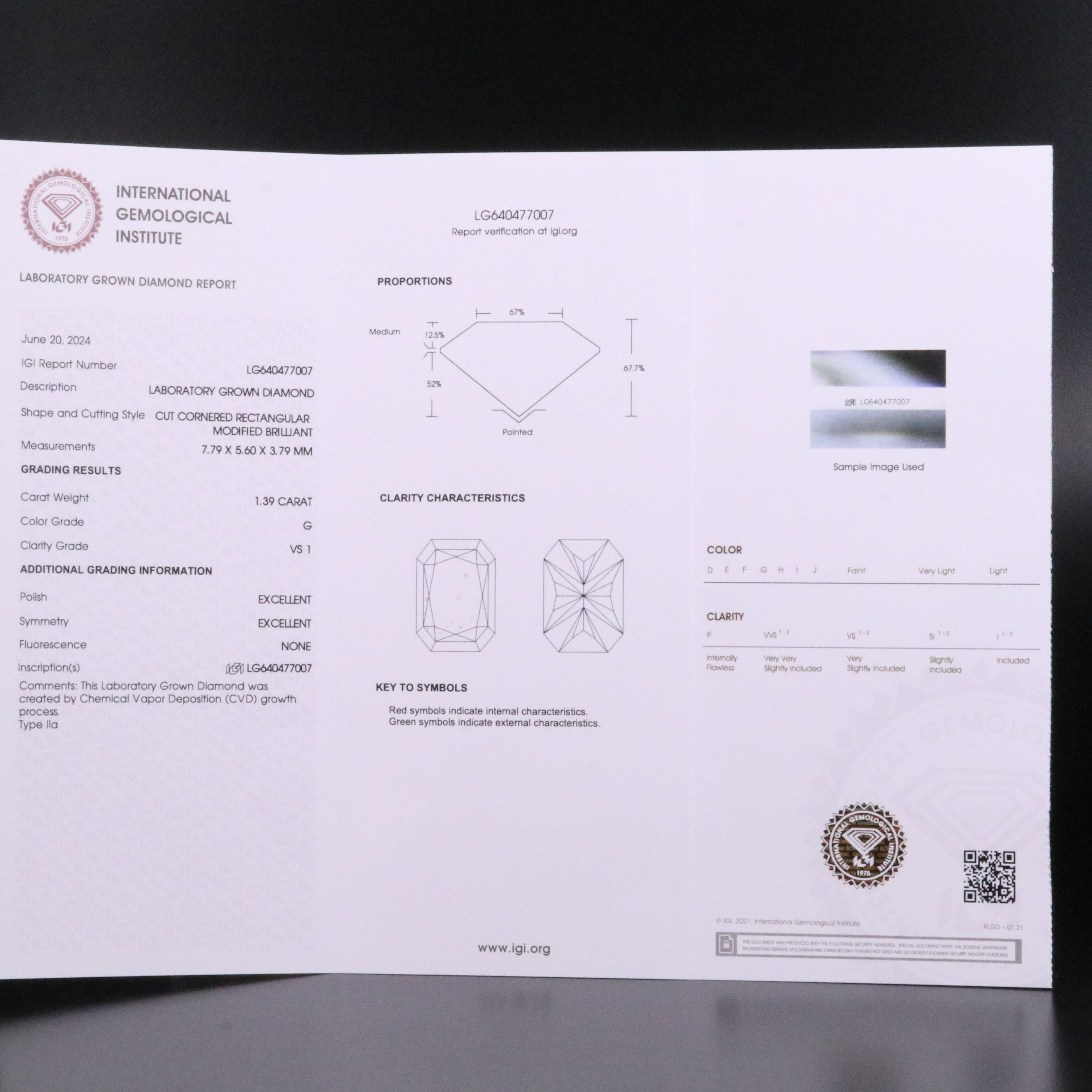 Loose 1.39 CT Lab Grown Diamond with IGI Report