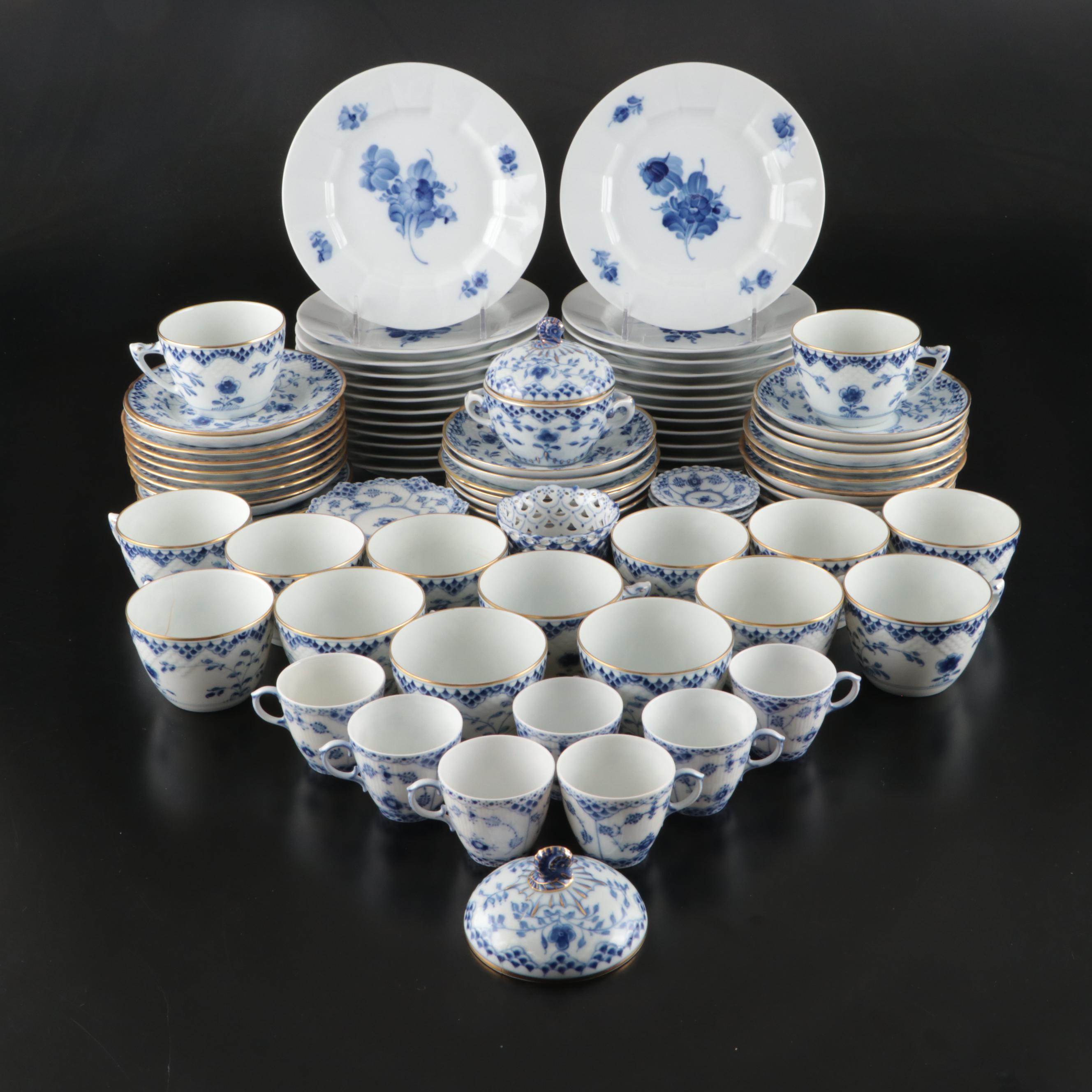 Royal Copenhagen Porcelain "Blue Flower" with "Fluted Lace" and Other Tableware