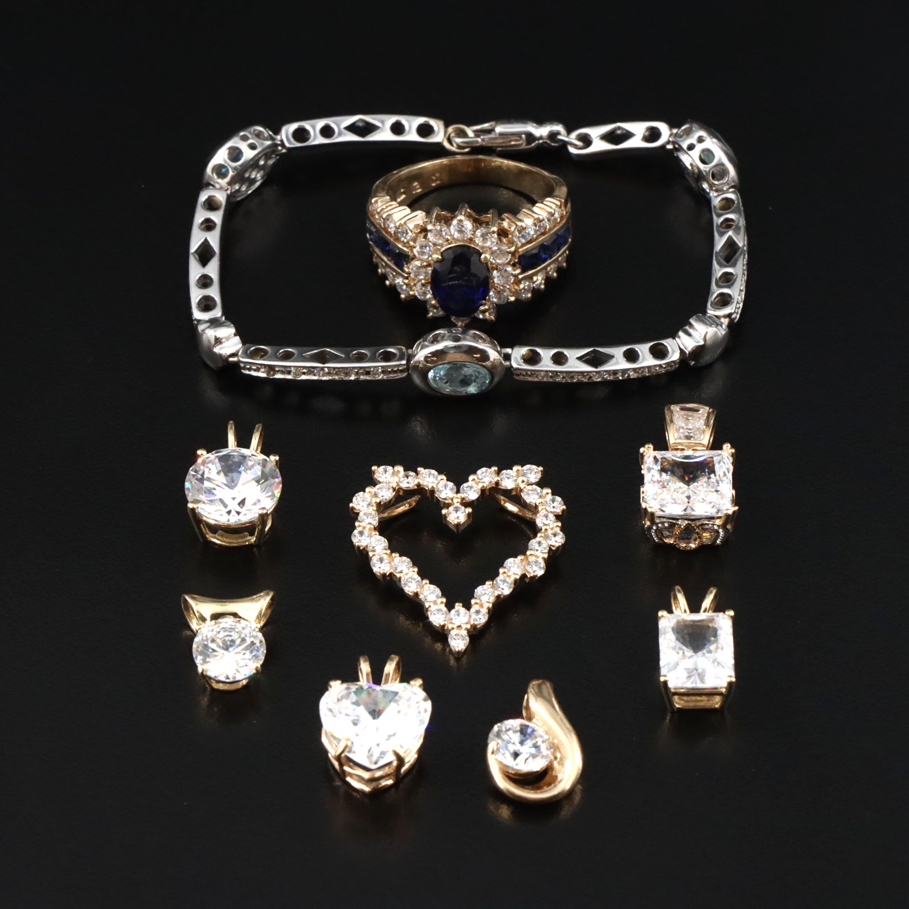 14K Pendant, Ring and Bracelet with Sapphires, CZ and Topaz