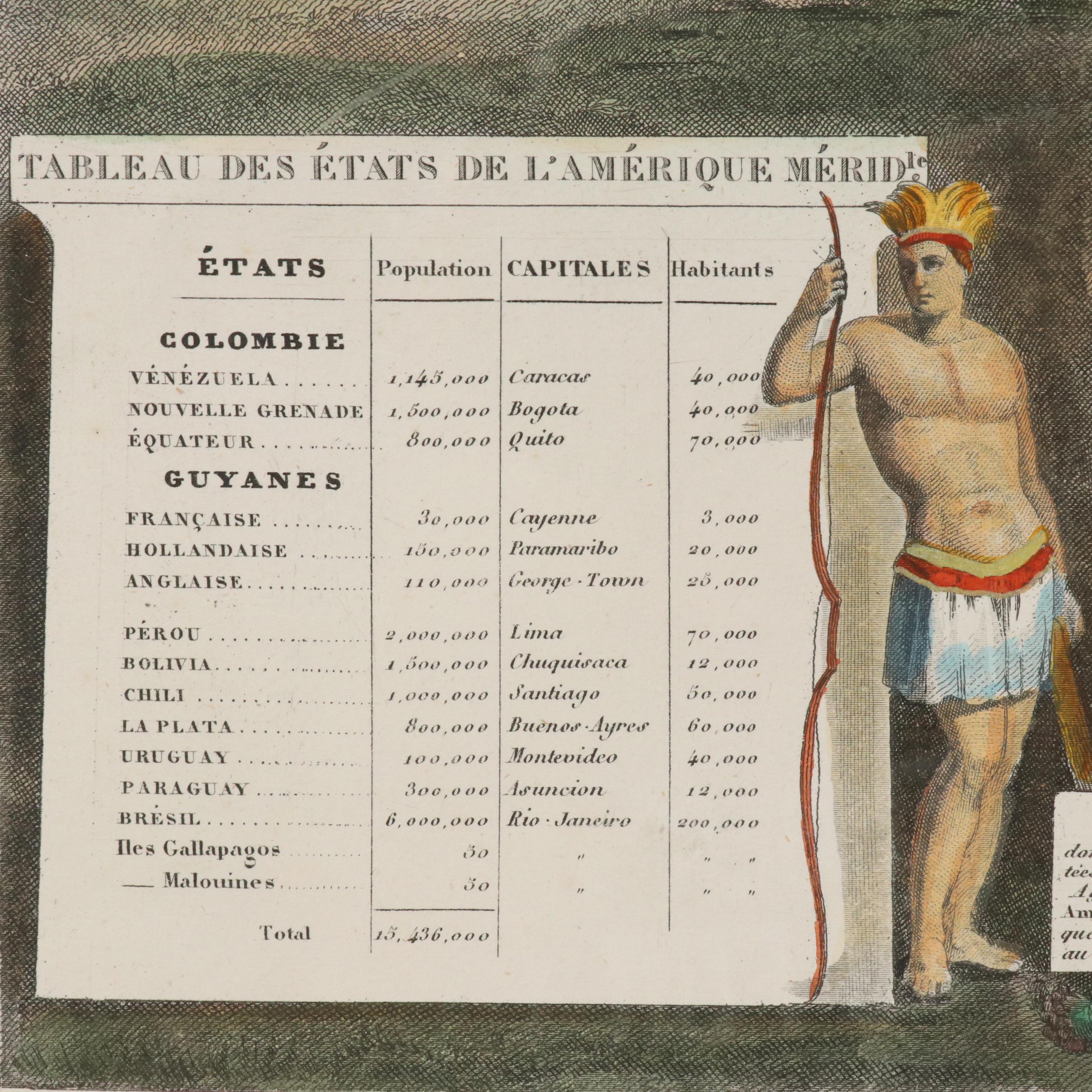 Hand-Painted Engraved Map "Amérique Méridionale" After R. Bonheur and More, 1847