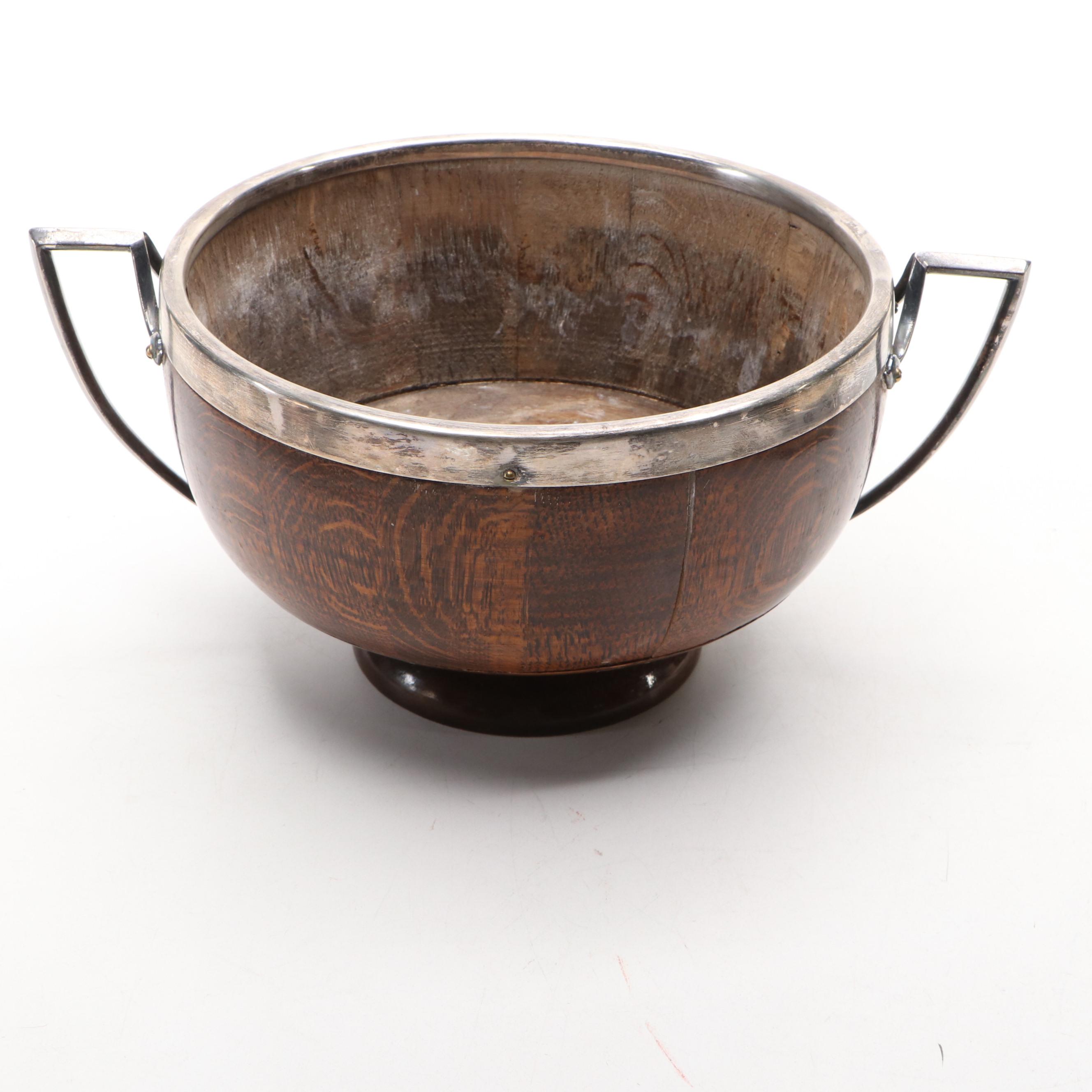 Roberts & Belk Silver Plate Dish with Wood Trophy Bowl and Horn Handle Pitcher