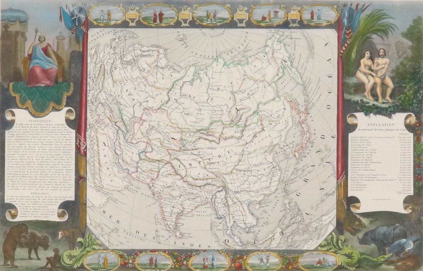 Hand-Painted Engraved Map "Asie" After R. Bonheur and V. Levasseur, 1847