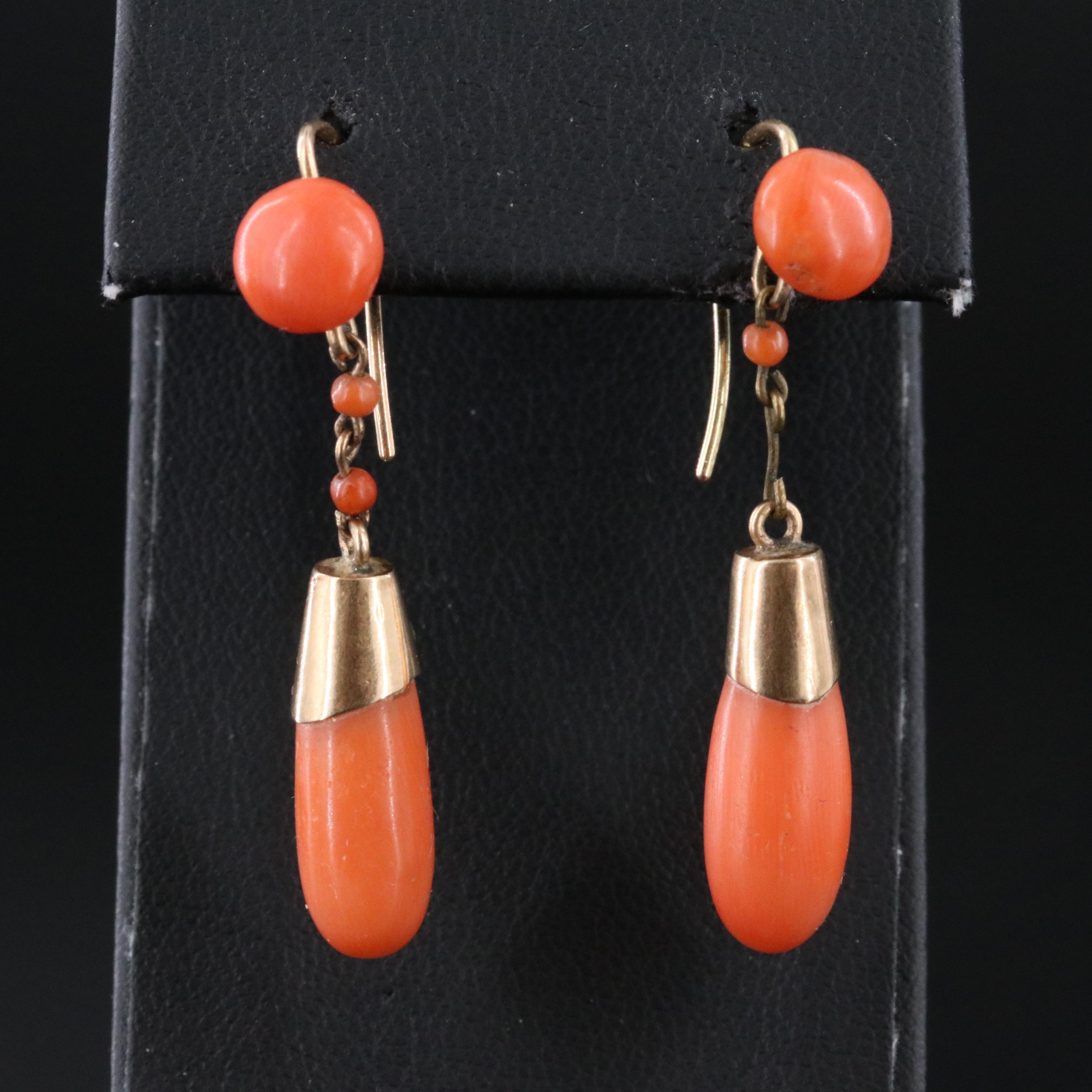 Vintage 14K Coral Earrings with 10K Torpedo Drops