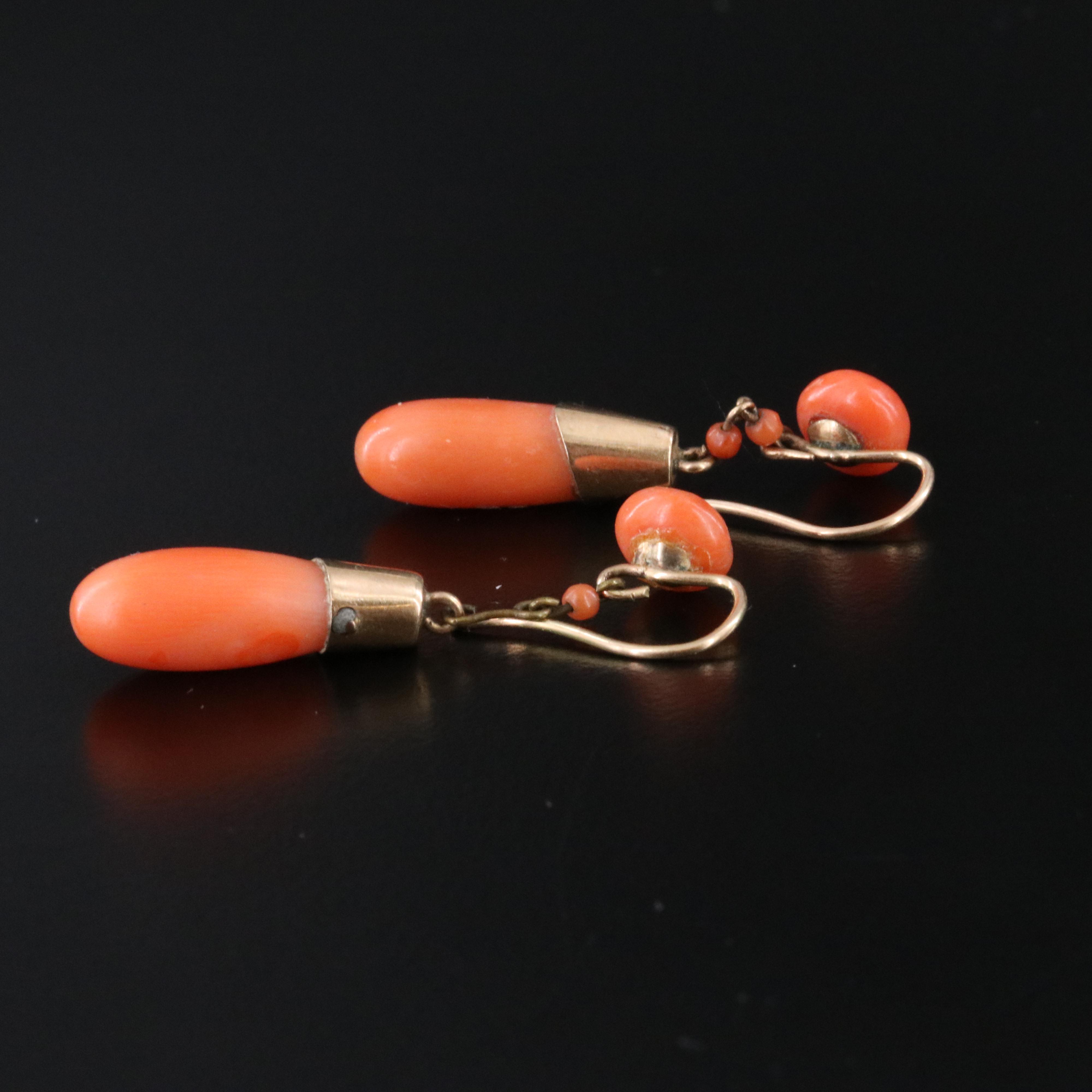 Vintage 14K Coral Earrings with 10K Torpedo Drops