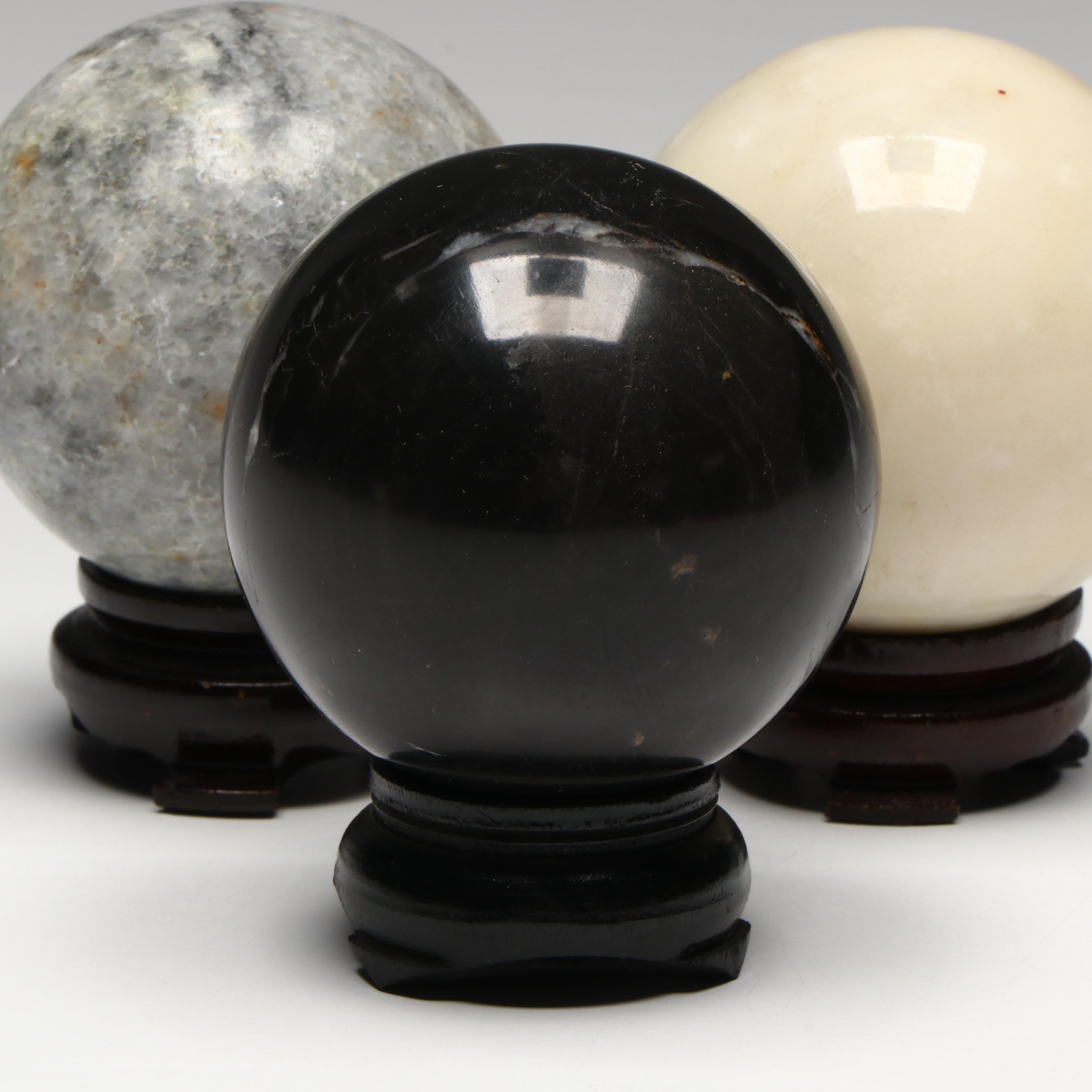 Polished Marble, Calcite and Alabaster Stone Orbs on Stands