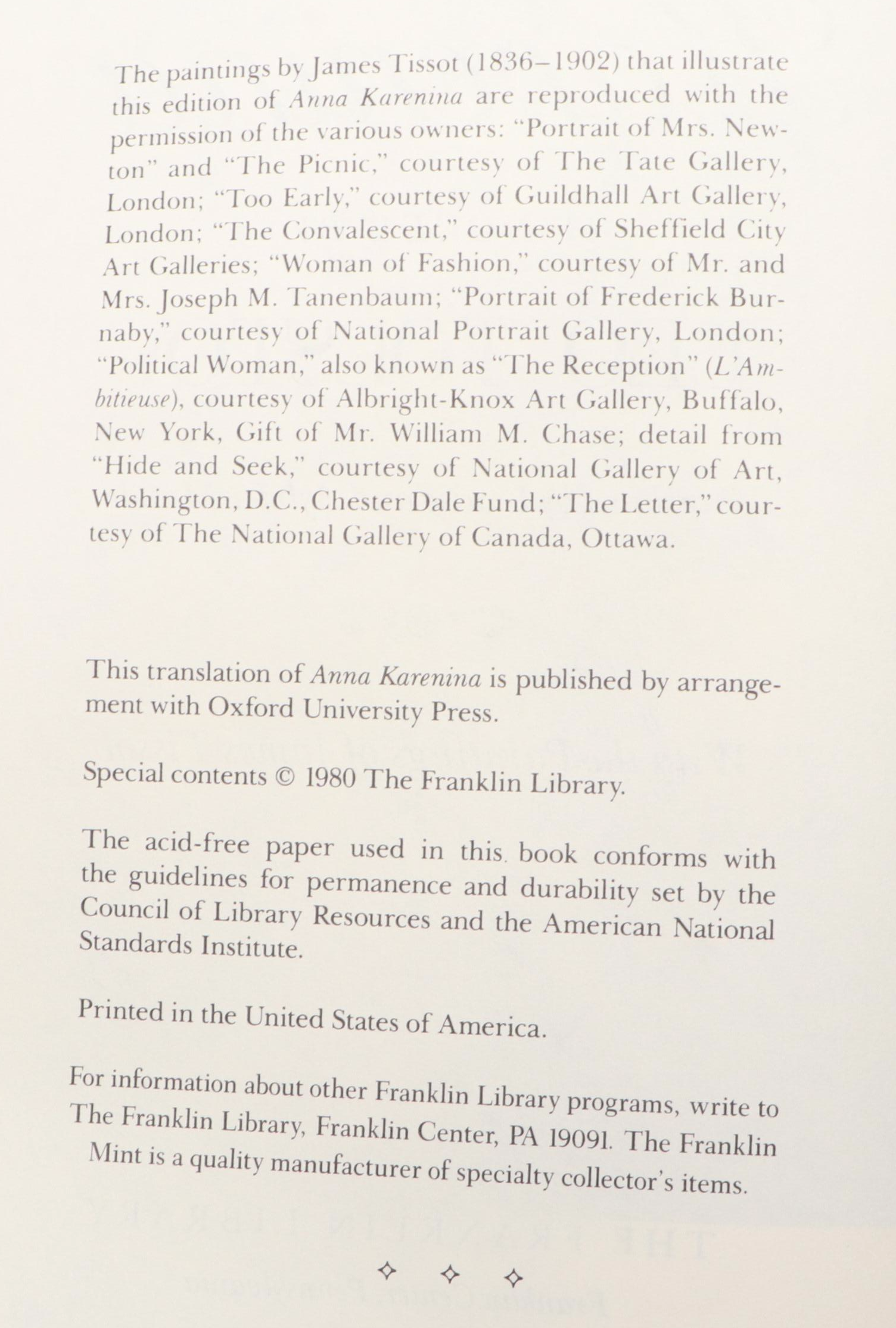 Franklin Library "Anna Karenina" by Leo Tolstoy and More Literary Classics