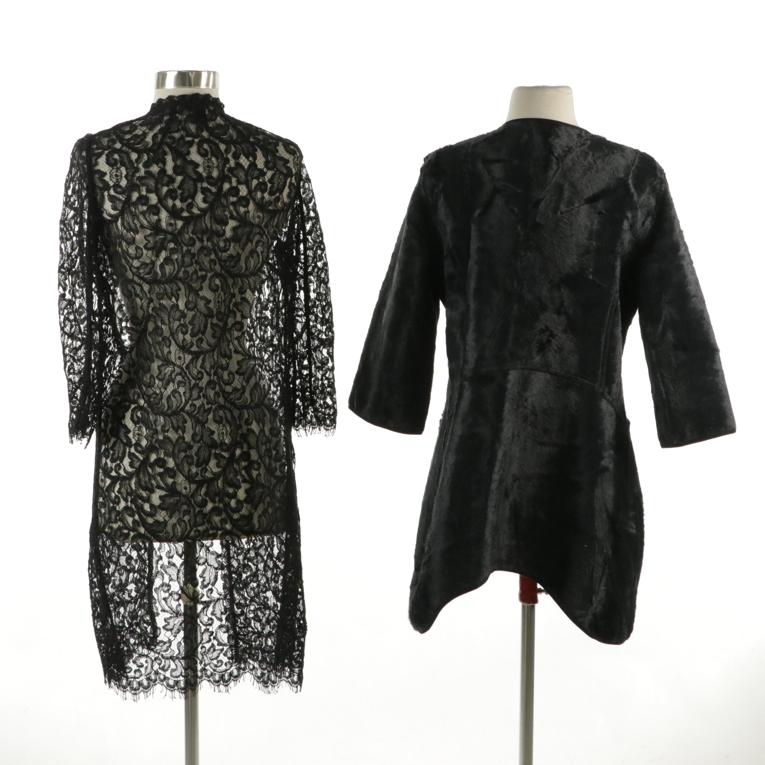 St. John Black Lace Long Jacket and Hilton Hollis Black Faux Fur Long Jacket