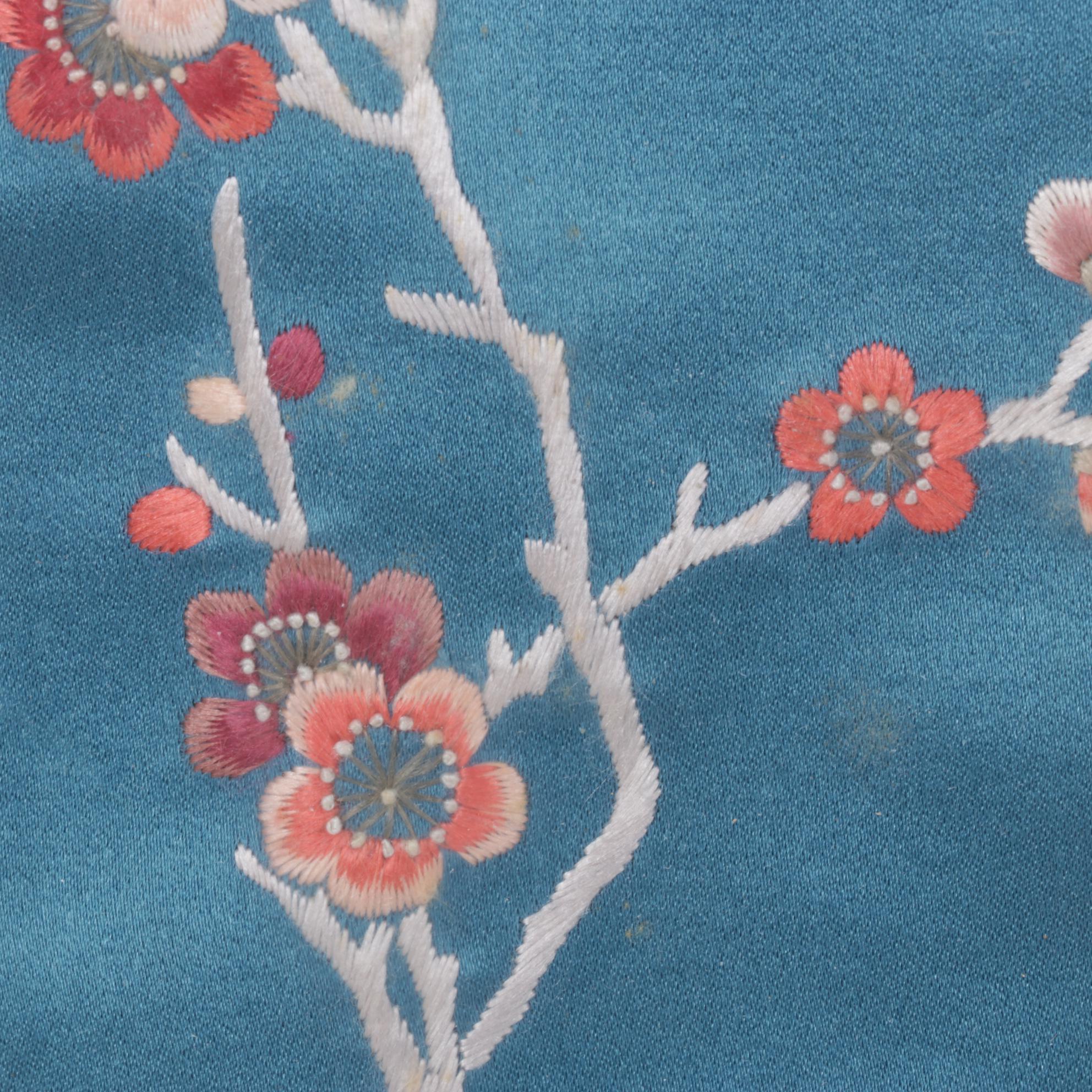 Pair of Chinese Hand-Embroidered Peonies and Birds on Silk Panels