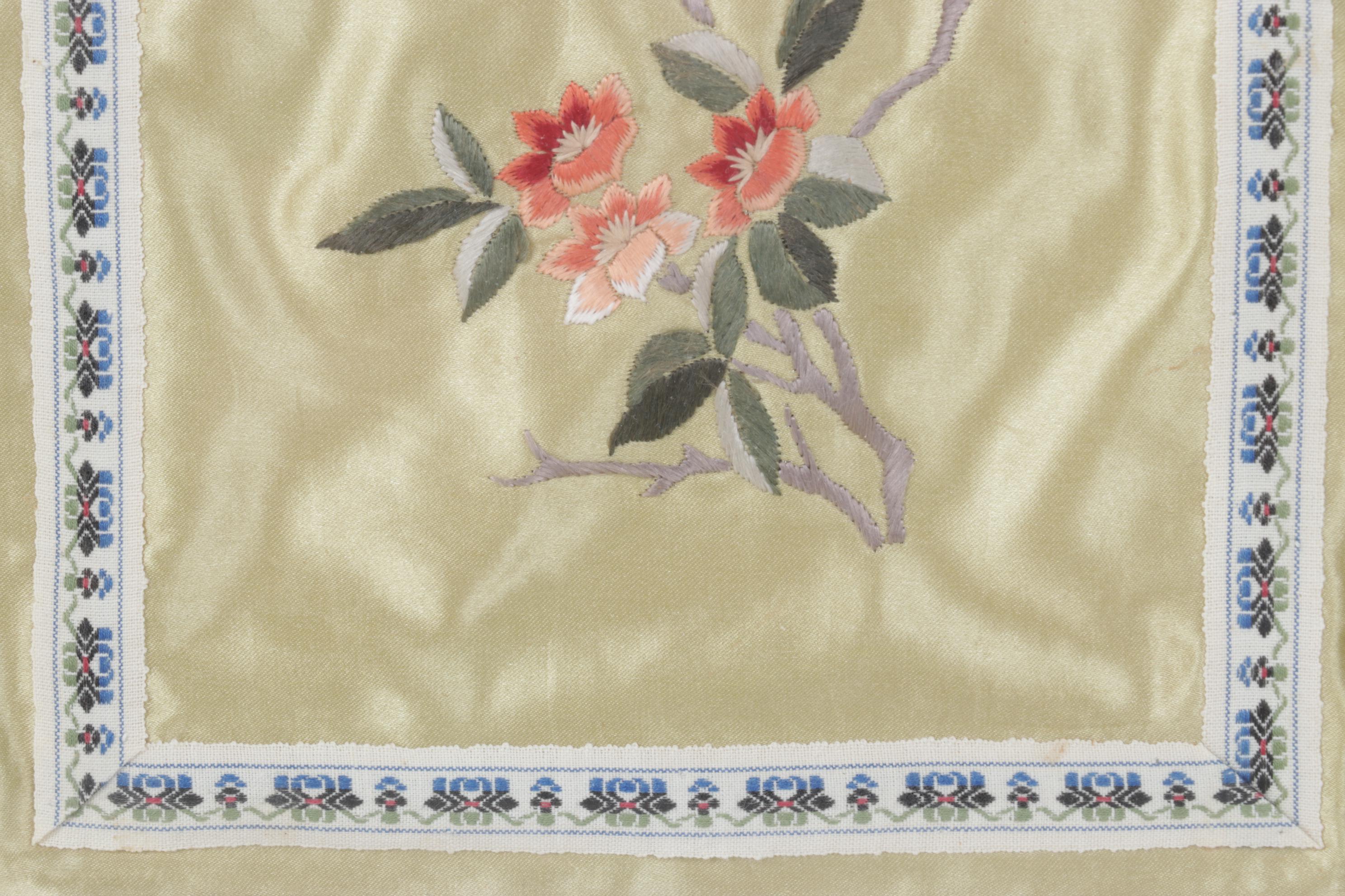Pair of Chinese Hand-Embroidered Peonies and Birds on Silk Panels