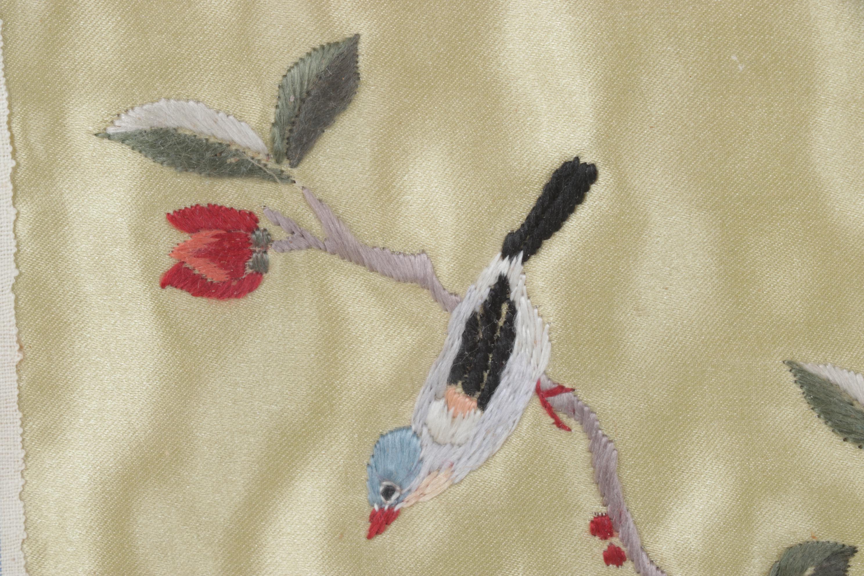 Pair of Chinese Hand-Embroidered Peonies and Birds on Silk Panels